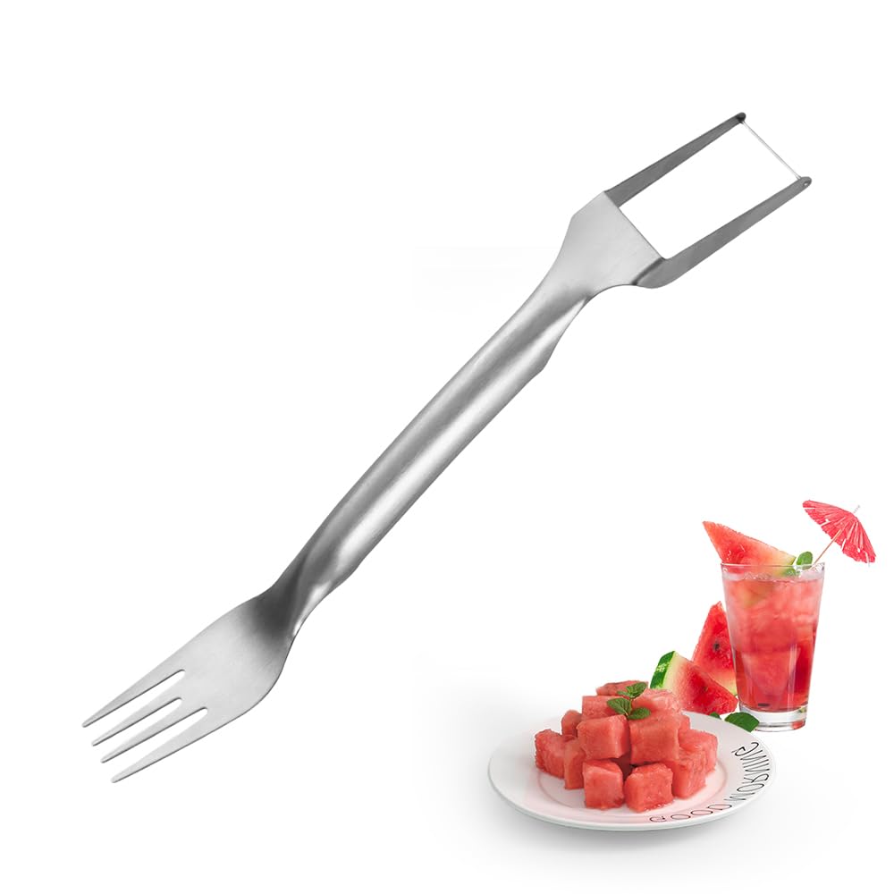 2-in-1 Stainless Steel Watermelon Slicer & Fork - Quick & Easy Fruit Cutting Tool for Kitchen, Picnics, BBQs and Parties (1pc)