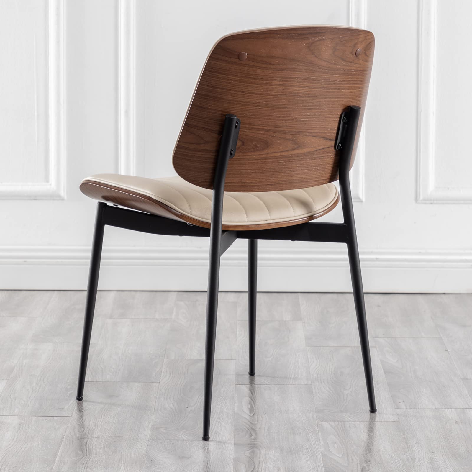 Mid Century Modern Dining Chairs Set of 2 - Retro Beige Faux Leather Upholstered Chairs with Walnut Bentwood Seat & Metal Legs - Adjustable Feet for Kitchen, Dining Room & Home Office