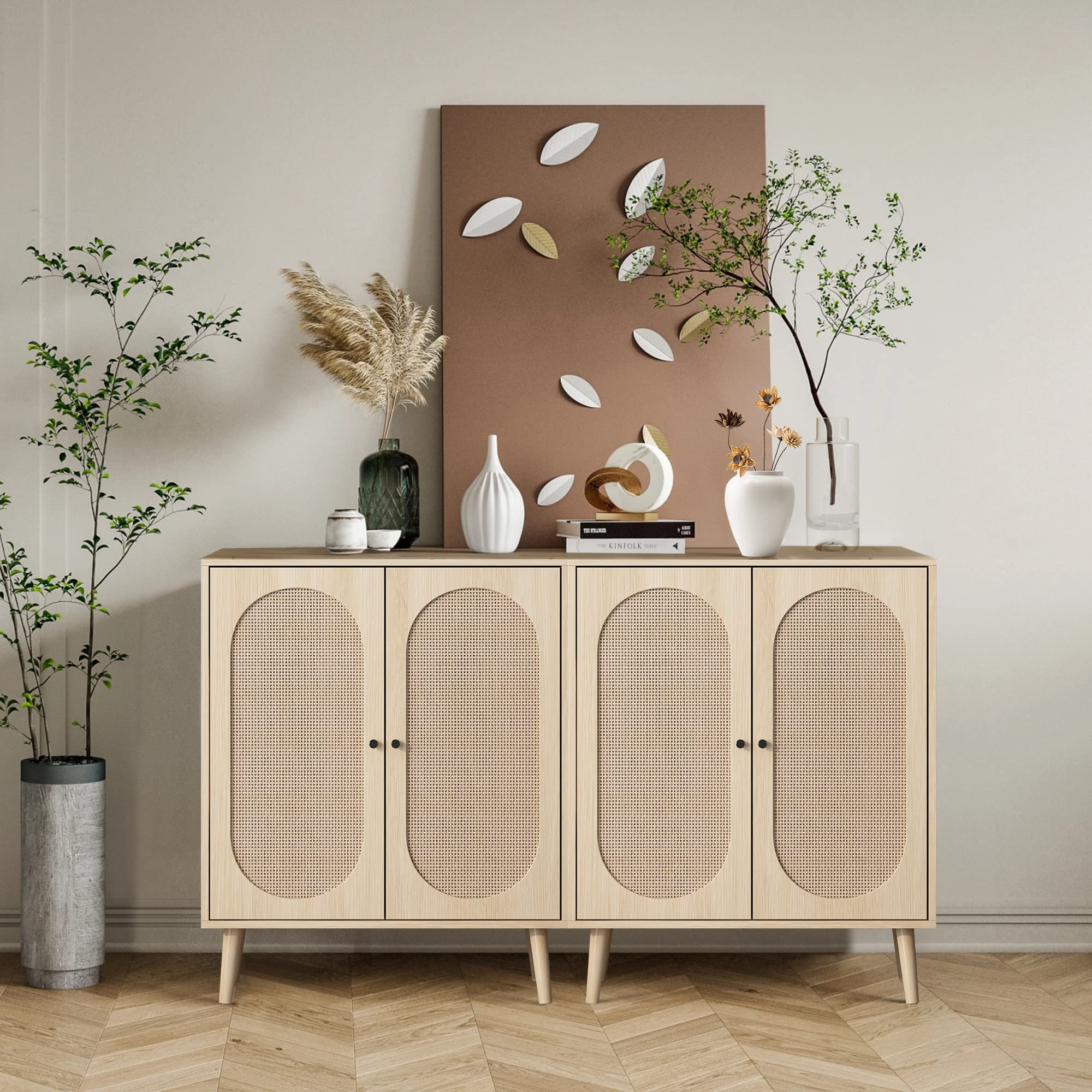 QHITTY Natural Rattan Sideboard Buffet Cabinet with Adjustable Shelves - Stylish Kitchen Storage & Accent Console Table for Living Room, Dining Room, Bedroom, and Entryway