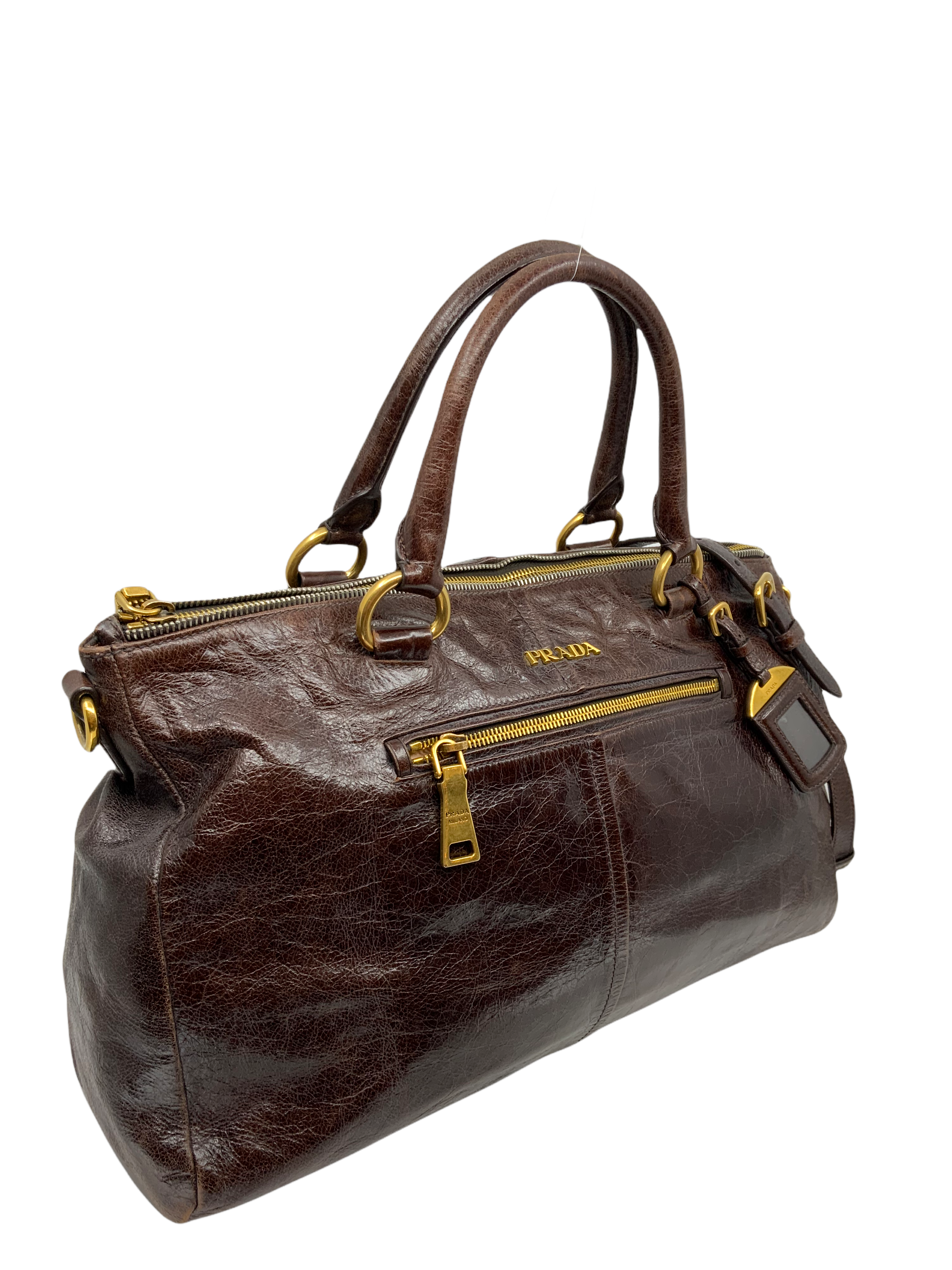 Prada Glazed Leather Front Zip Satchel with Adjustable Shoulder Strap - Luxury Crossbody Bag for Women, Perfect for Work, Travel & Everyday Use