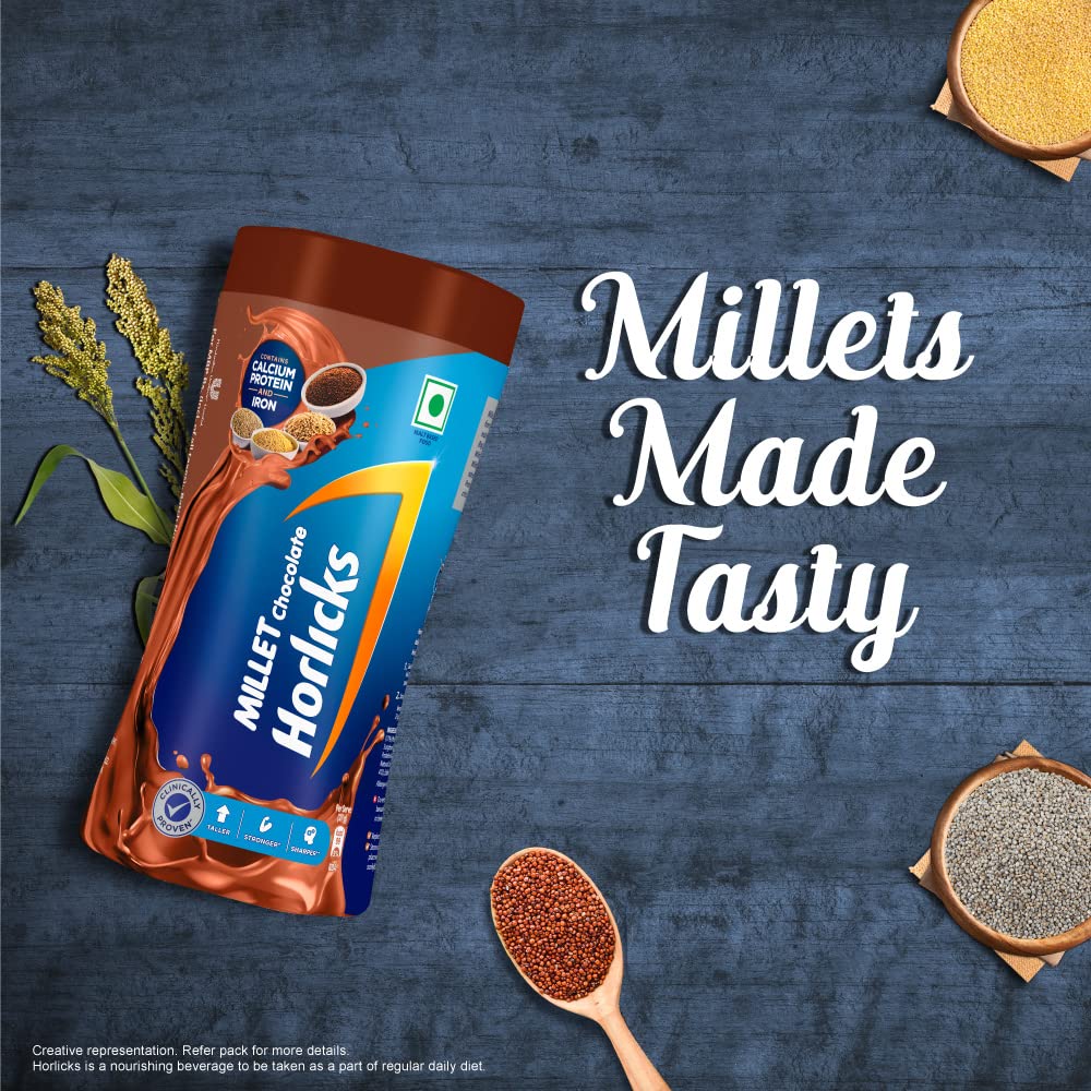 Horlicks Millet Chocolate Drink Mix - 400g Jar - Rich & Creamy Malt Beverage for Energy & Relaxation - Perfect for Breakfast, Nighttime, or Post-Workout Recovery