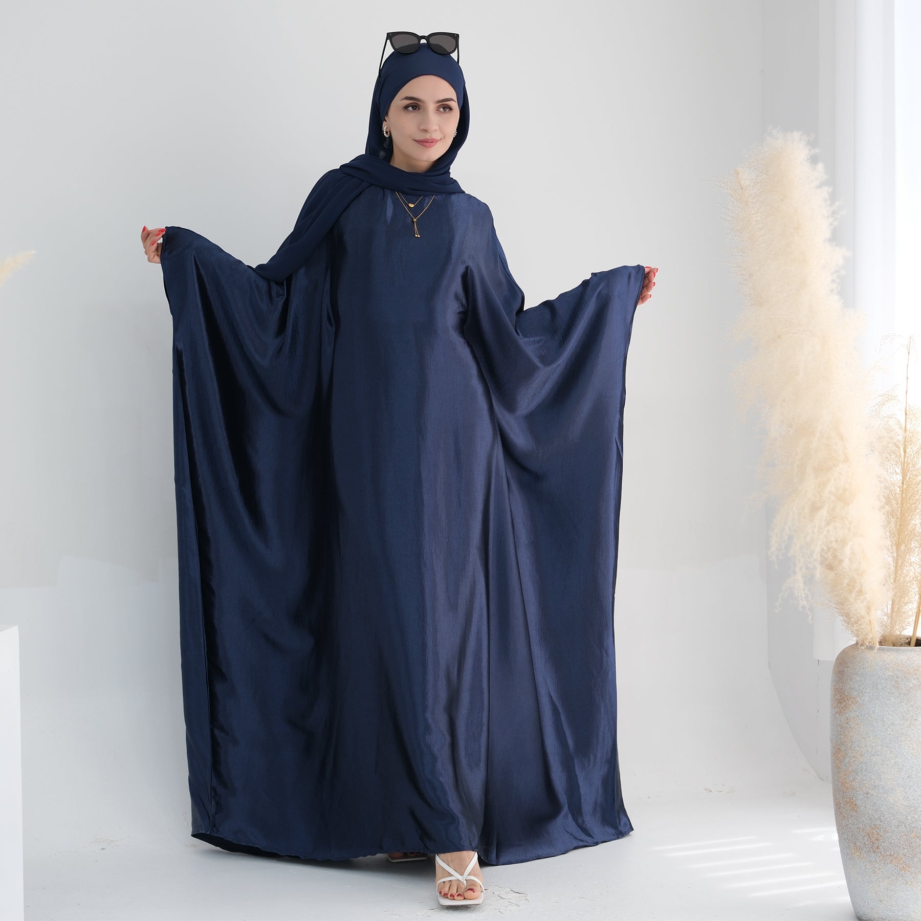 Elegant Navy Blue Alisha Butterfly Satin Abaya - Modest Islamic Dress for Women, Prayer, Special Occasions & Everyday Wear