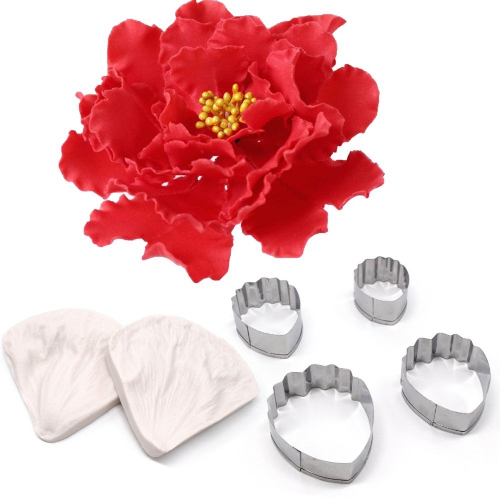 Premium Peony Cutter & Veiner Set - Stainless Steel Cake Decorating Tools with Silicone Mold for Gumpaste, Fondant & Cookie Making (A327&VM060) - Perfect for Wedding Cakes, Birthday Desserts & DIY Baking Projects