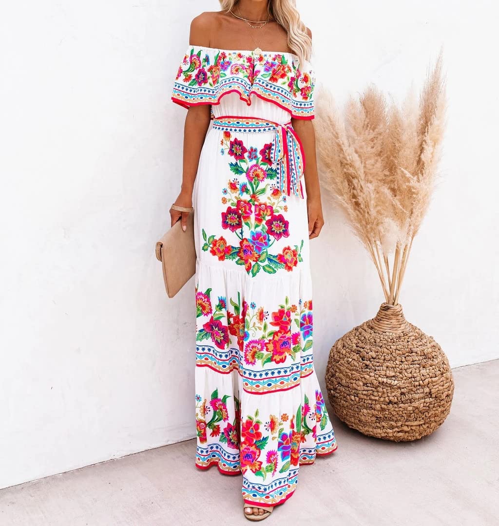 Women's Floral Maxi Dress - Off Shoulder Strapless Ruffle Short Sleeve Boho Beach Dress for Summer Vacation, Party & Date Night | Lightweight Flowy Ethnic Style