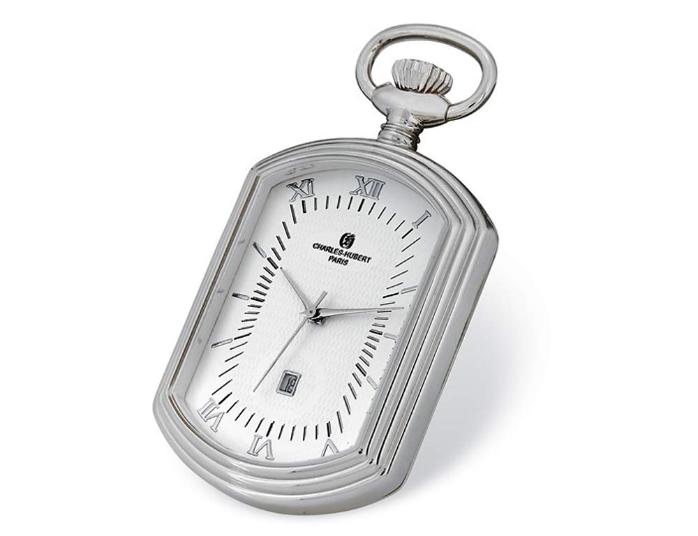 Charles Hubert Chrome Finish Rectangular Pocket Watch for Men - Vintage Style Silver Pocket Watch with Chain - Perfect for Weddings, Formal Events & Collectors