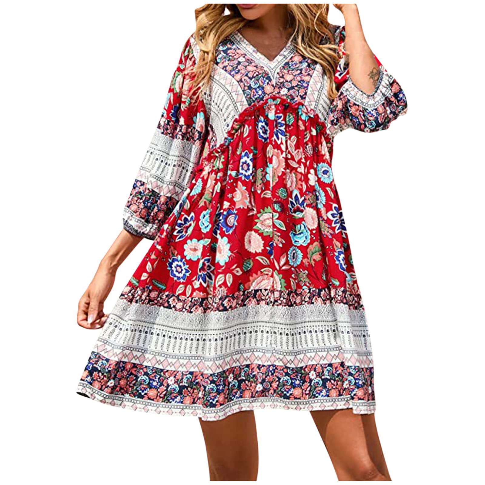 Women's Floral Boho Dress - V Neck 3/4 Sleeve Casual Summer Swing Mini Dress with Flowy Fit | Perfect for Beach Vacations, Music Festivals & Date Nights
