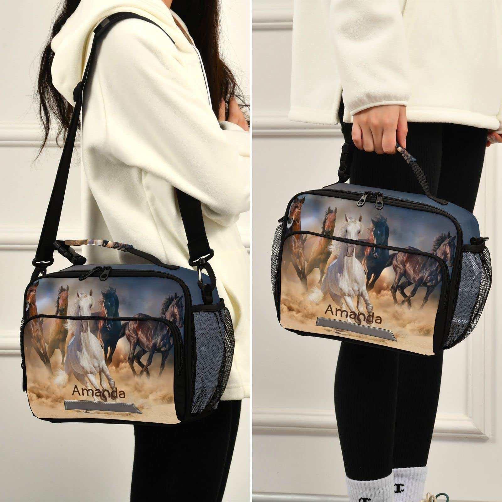 Personalized Horse Lunch Box with Name - Insulated Cooler Bag for Kids, Girls & Boys - Reusable Animal Print Lunch Tote & Shoulder Bag for School, Work, Picnic & Outdoor Activities