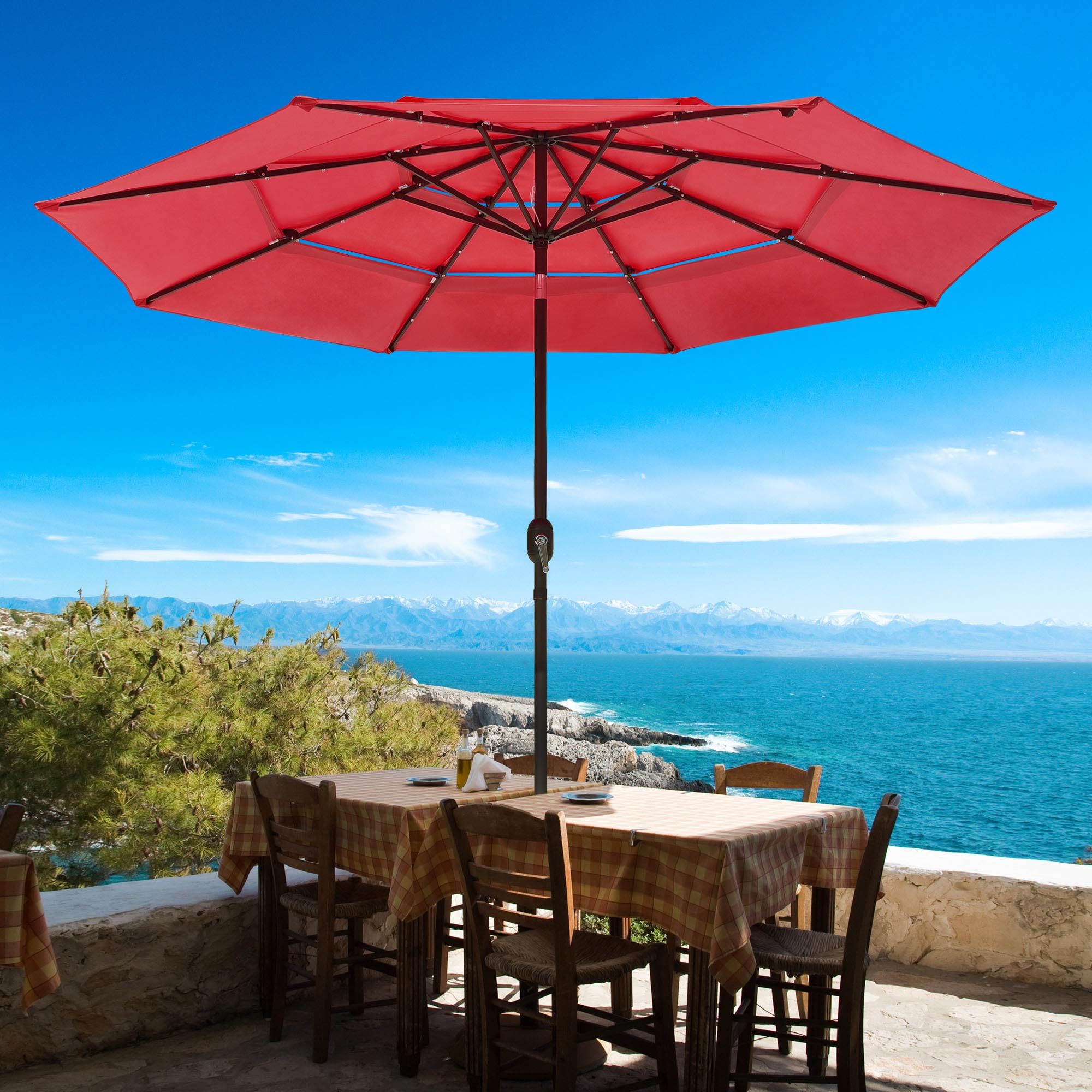 Yescom 10FT 3-Tier Solar LED Patio Umbrella with Crank & Tilt - Aluminum Frame for Outdoor Deck, Backyard, Pool Party & Night Events (Red) | Perfect for Lounging, Dining, and Entertaining Guests in Your Garden or Patio