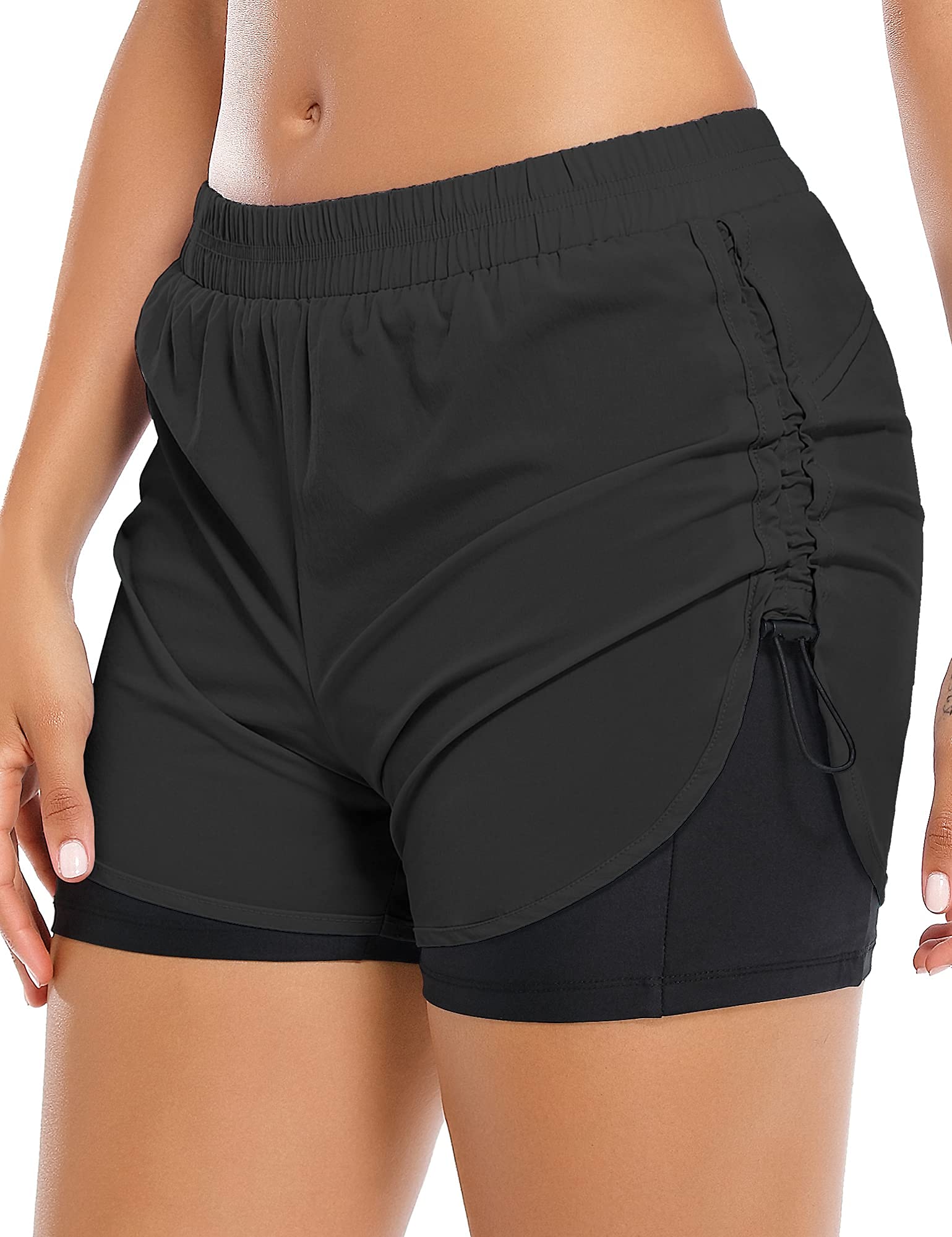 Cestyle Women's 2-in-1 Quick-Dry Athletic Shorts with Drawstring & Pockets - Perfect for Running, Workouts & Yoga (Black, Medium)