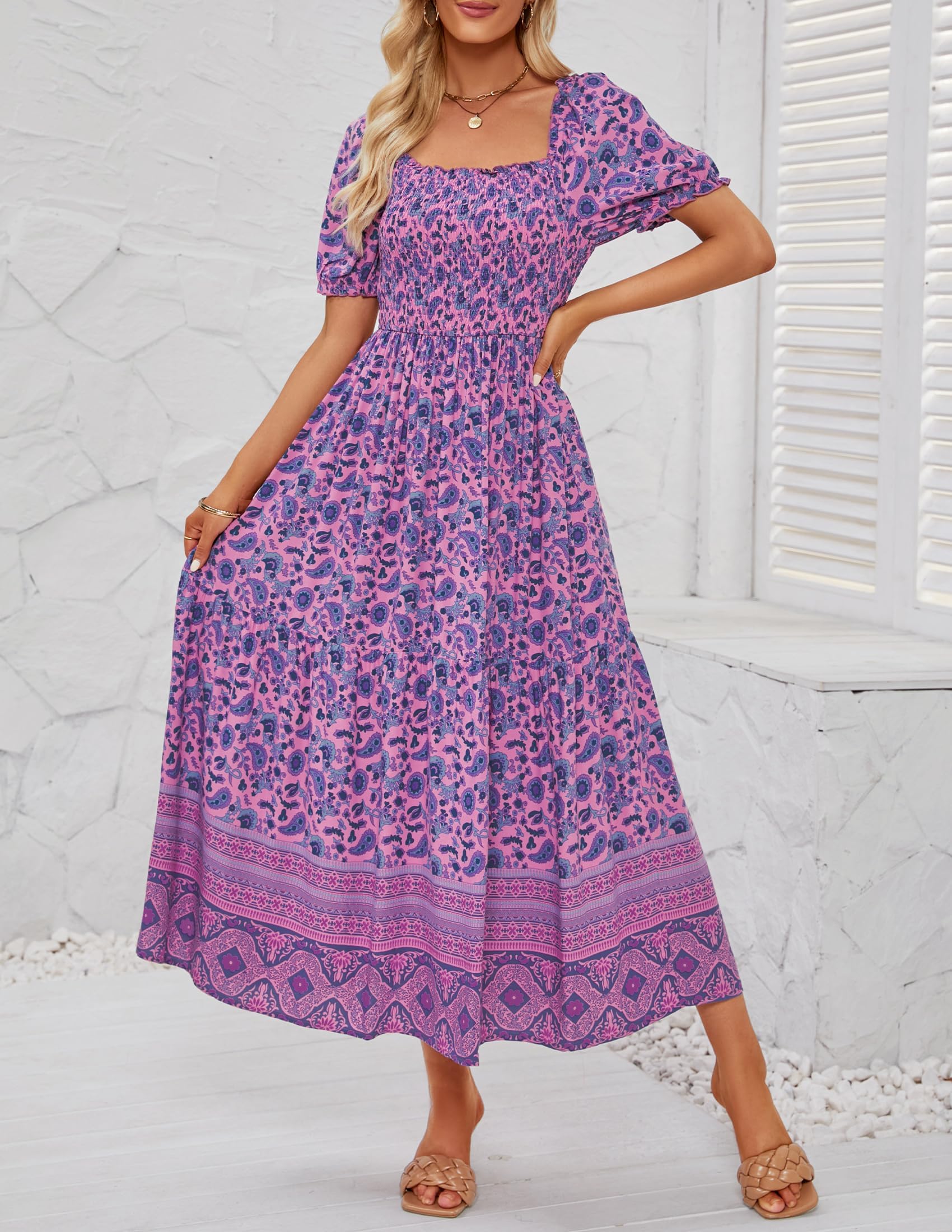 ZESICA Women's 2025 Summer Boho Floral Print Square Neck Ruffle Swing Beach Long Maxi Dress - Perfect for Vacation, Wedding Guest, and Beach Party Outfits