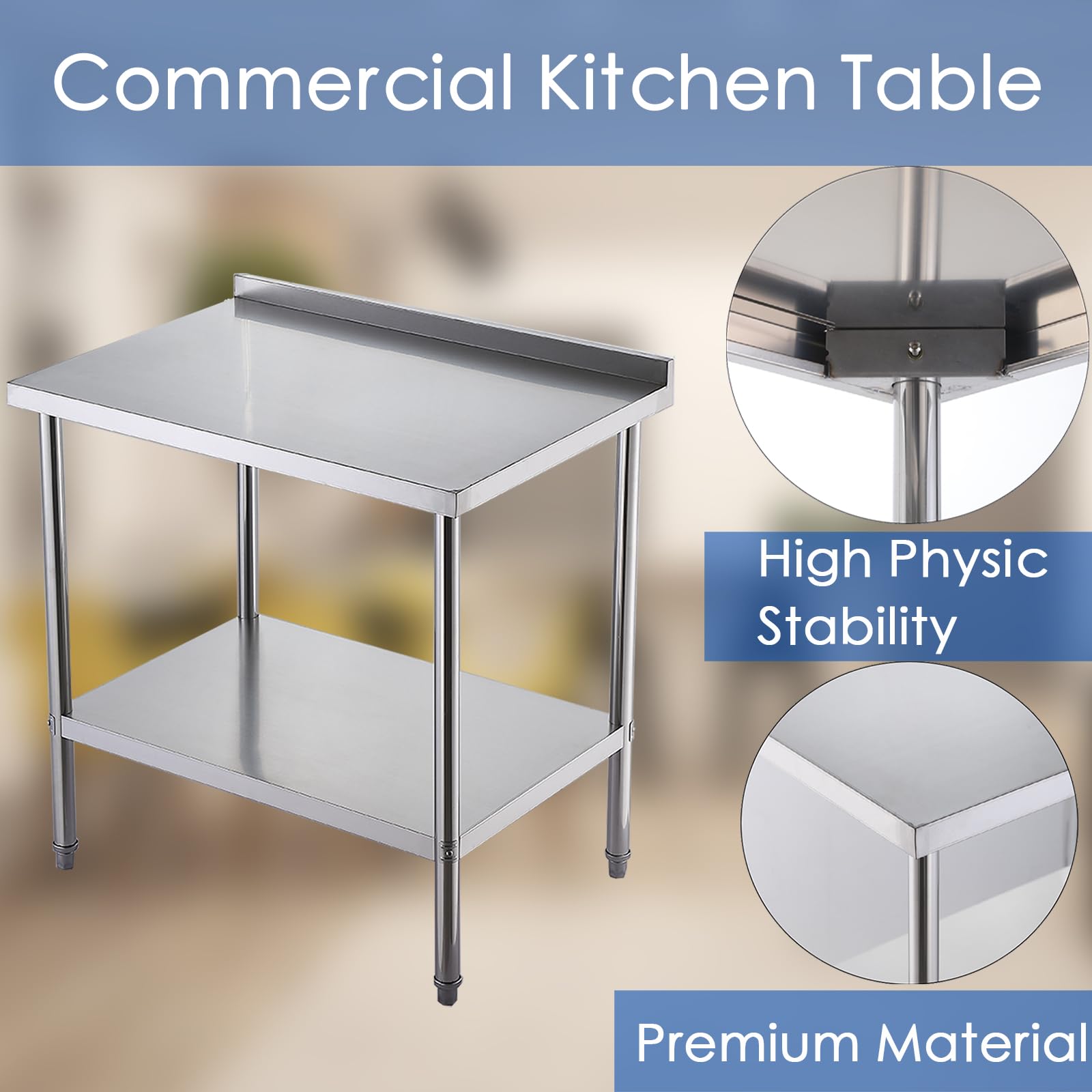 **Kingo 34x24 Inch Stainless Steel Commercial Prep Table - Heavy Duty Work Table with Adjustable Undershelf & Foot - Perfect for Restaurant, Kitchen, Hotel, Garage & Food Prep**