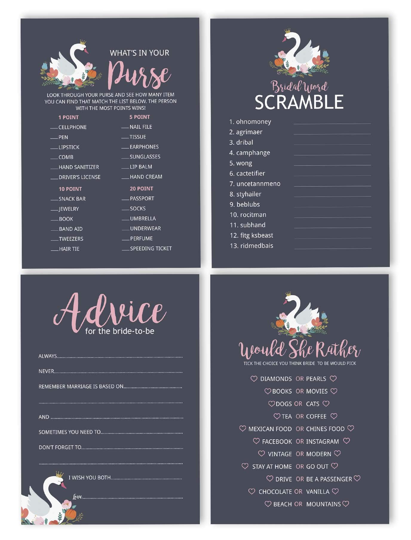 Bachelorette Party Games Set - 4 Fun Bridal Shower Games (50 Sheets Each) | Swan Theme | Perfect for Wedding Showers & Girls Night Out