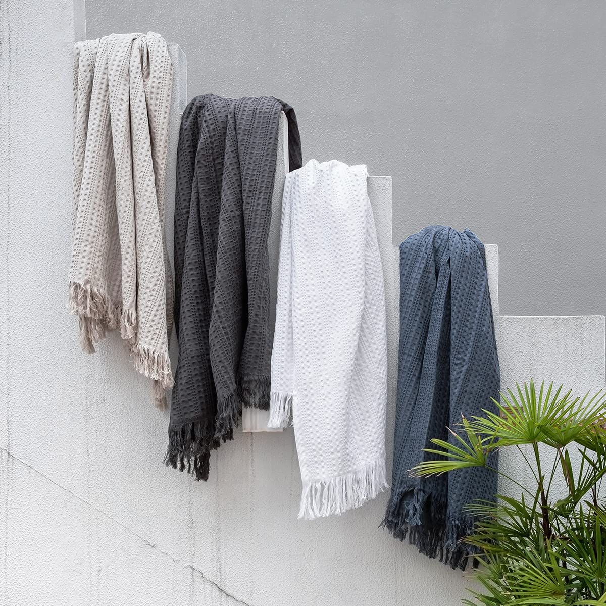 100% Cotton Waffle King Size Blanket with Fringe - Pre-Washed Waffle Weave All Season Throw - Lightweight Breathable Soft Cozy Blanket for Couch, Bed, Travel, Camping & Gifts (Blue, 104x90 Inches) - Perfect for Home Decor, Guest Room & Winter Warmth