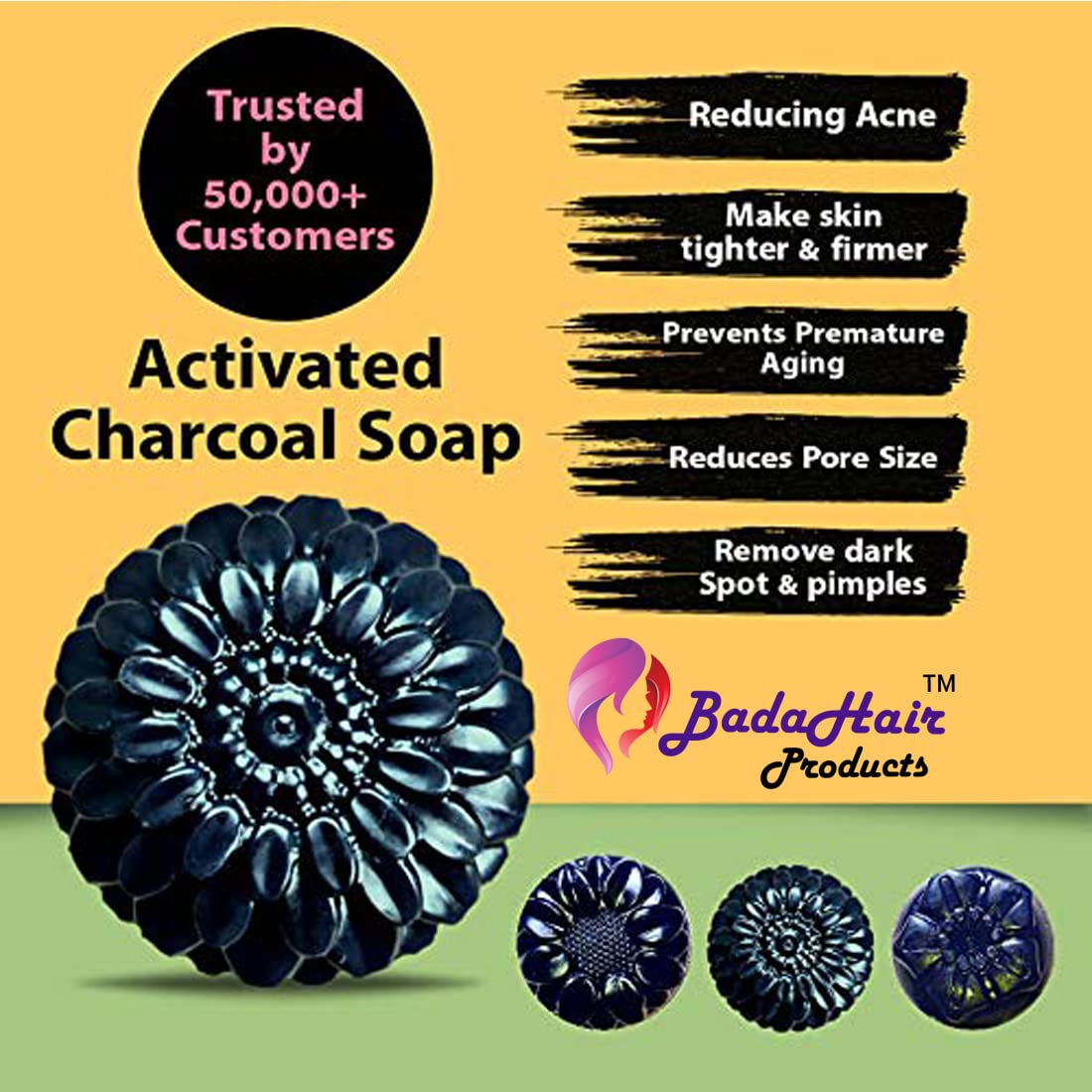BADAHAIR® Activated Charcoal Soap for Face & Body - Natural Detox, Skin Whitening, Acne & Blackhead Treatment, Anti-Wrinkle & Anti-Pollution - Pack of 3 (3 x 100g) | Perfect for Daily Cleansing, Deep Pore Treatment & Glowing Skin Care Routine