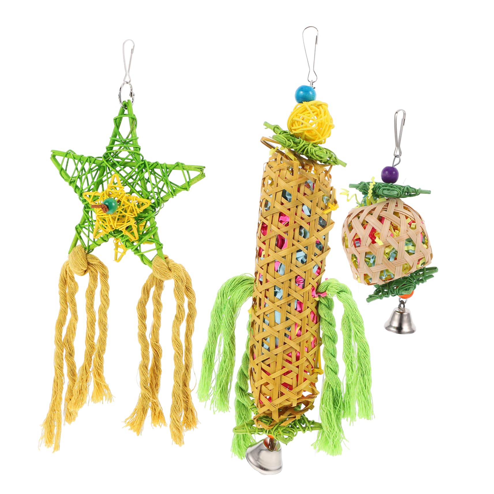 3pcs Parrot Chew Toys - Natural Wooden Skewers, Foraging Paper & Rattan Ball - Bird Molar & Shredder Toys for Parakeets, Cockatiels, Lovebirds - Perfect for Cage Hanging & Mental Stimulation