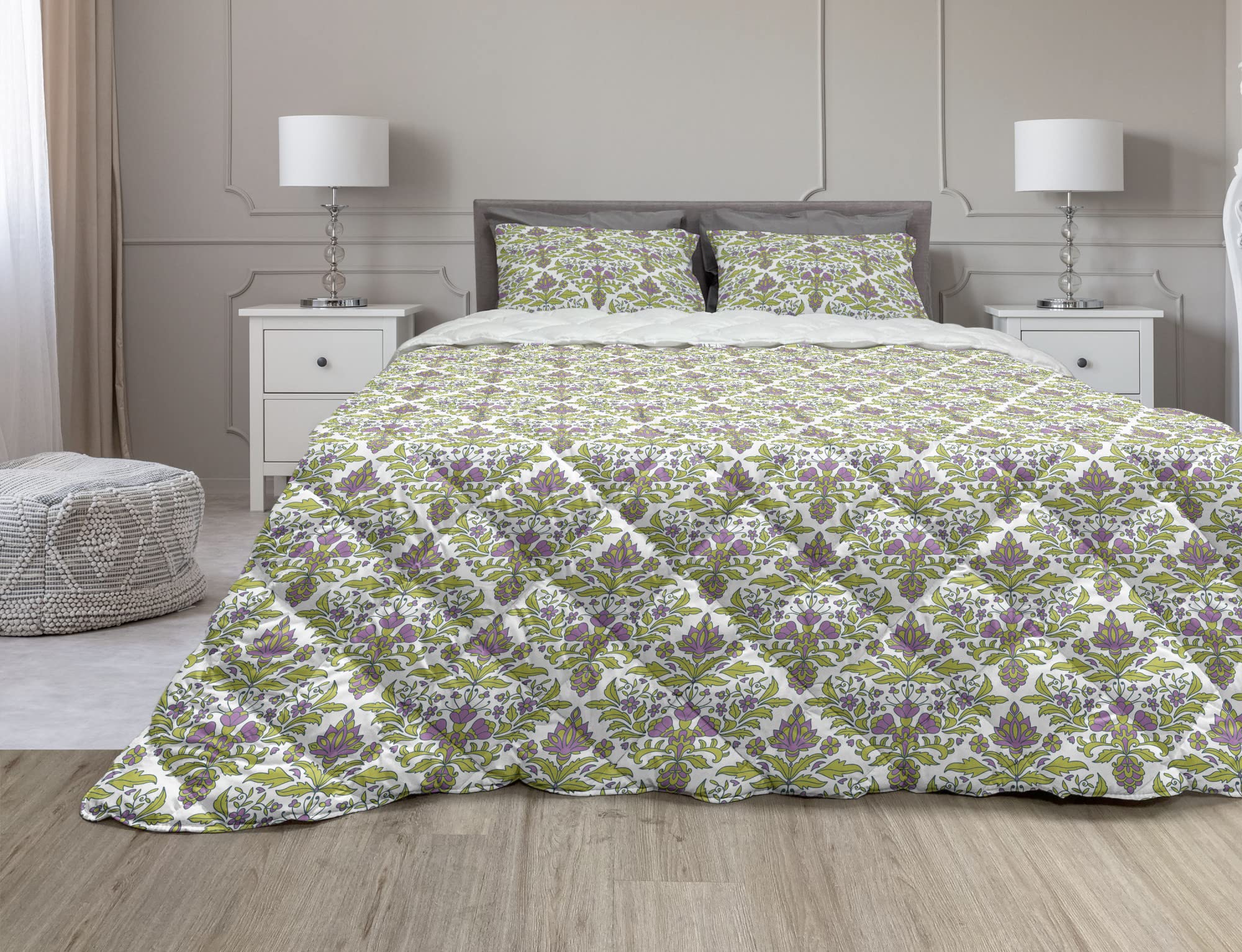 Ambesonne Damask Comforter & Sham Bedding Set - Floral Vintage Victorian Oriental Design with Microfiber Filling, 3-Piece Duvet Set in Yellow Green Fuchsia for Queen Size Bed | Perfect for Master Bedroom, Guest Room & Luxury Home Decor
