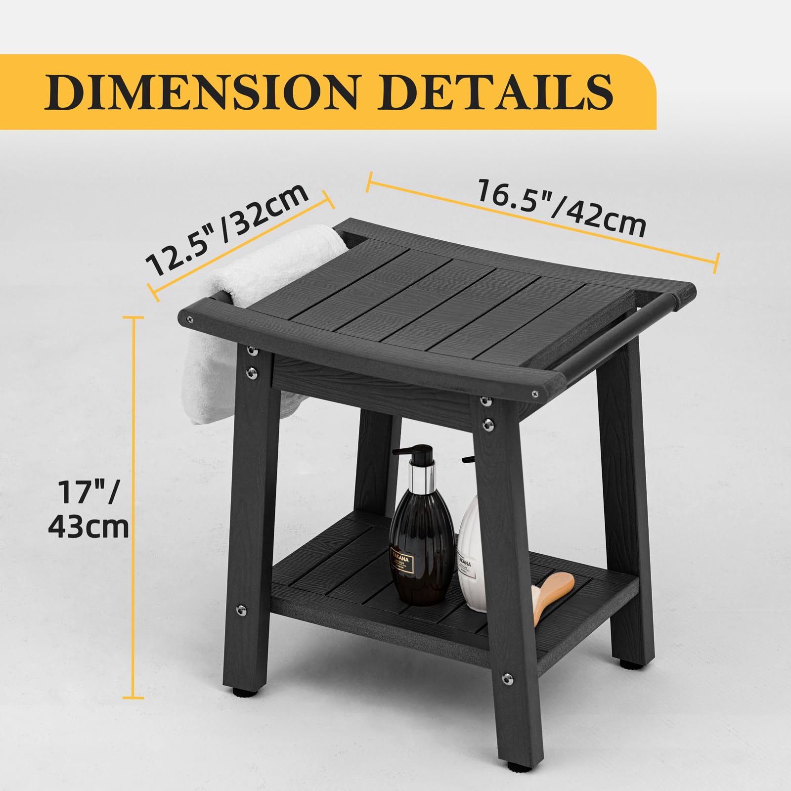 WISHCII Waterproof Shower Chair - Heavy Duty HIPS Shower Bench with Towel Rack & Storage Shelf - Non-Slip Bath Seat for Elderly & Disabled Adults - Ideal for Bathroom Safety & Comfort (Black) - Perfect for Seniors, Post-Surgery Recovery & Handicap Accessibility