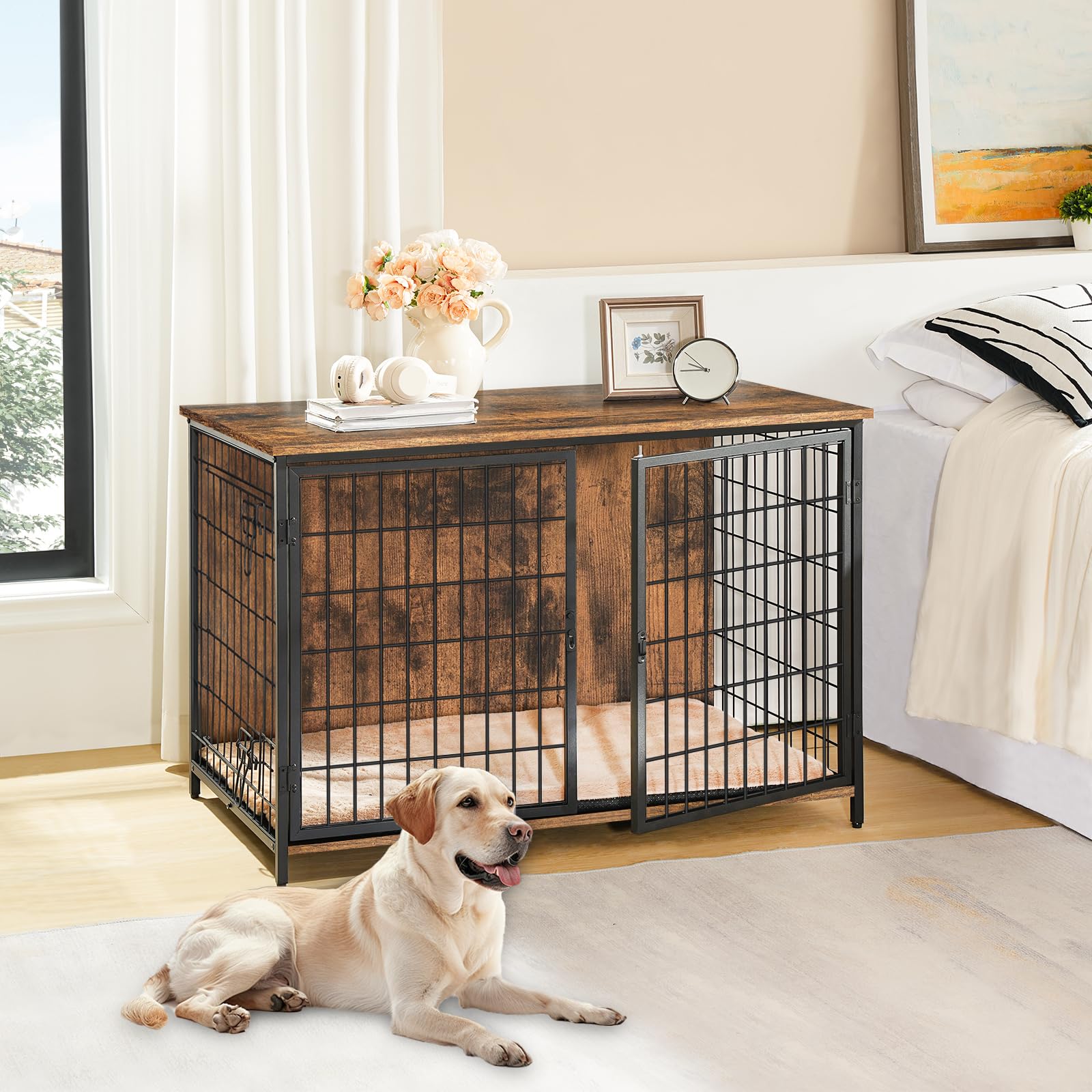 Wooden Dog Crate Furniture with Cushion - Heavy Duty Double Door Dog Kennel for Small Medium Large Dogs - Indoor Dog House End Table 39.4 Inch Rustic Brown DCHR10701 - Perfect for Living Room, Bedroom & Pet-Friendly Home Decor