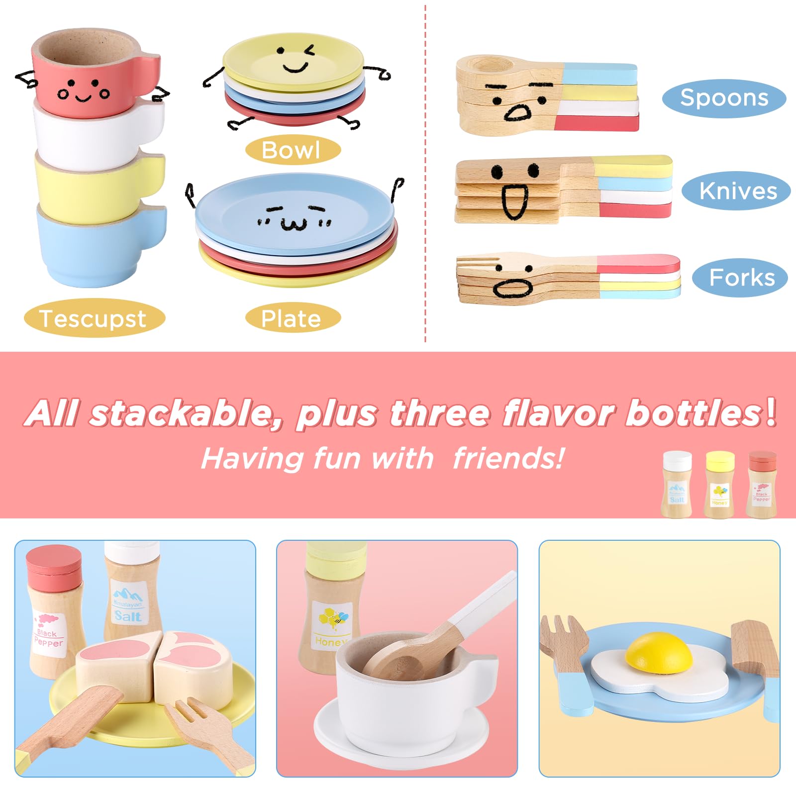 GAGAKU 27-Piece Wooden Play Kitchen Set for Kids - Montessori Learning Toy with Dishes, Plates & Cooking Accessories for Toddlers Ages 3-8 - Pretend Play for Boys & Girls - Perfect for Imaginative Play & Early Childhood Development