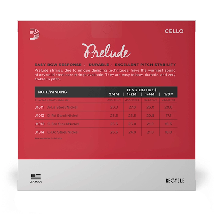 D'Addario J1010 Prelude Cello Strings - 1/4 Size Medium Tension for Student & Intermediate Players - Perfect for Practice, Performances & School Orchestras