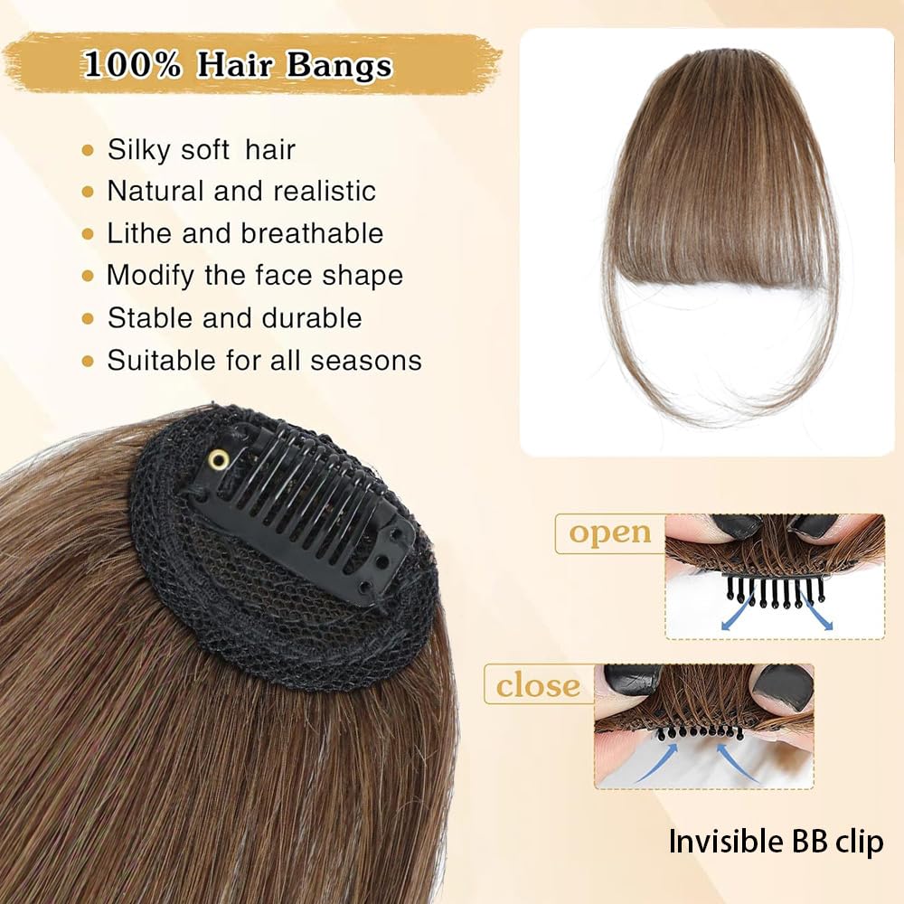 100% Human Hair Clip-in French Bangs with Sideburns - Natural Looking Fringe Hair Extensions for Women (Light Brown) | Perfect for Daily Wear, Cosplay & Special Occasions