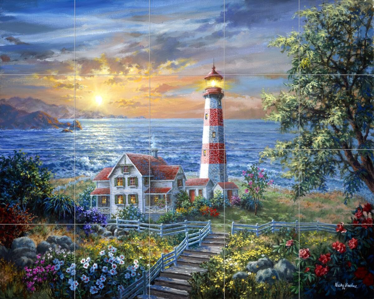 Nautical Sailing Ship Ceramic Backsplash Tile Mural - Sailboat & Lighthouse Design for Kitchen, Bathroom & Shower - Enchantment Collection by Nicky Boehme | Perfect for Coastal, Beach & Nautical Themed Home Decor