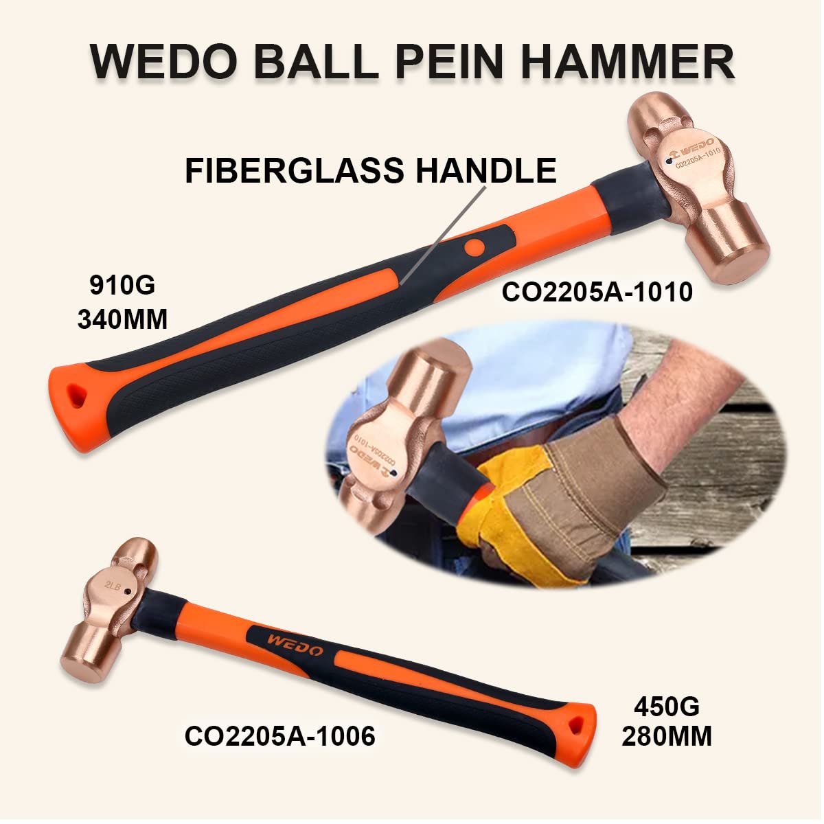 WEDO 4-Piece Copper Hammer Set with Fiberglass Handle - 1lb & 2lb Ball Pein Hammers, 3lb Sledge Hammer, 2lb Drum Hammer for Metalworking, Woodworking, and DIY Home Improvement Projects