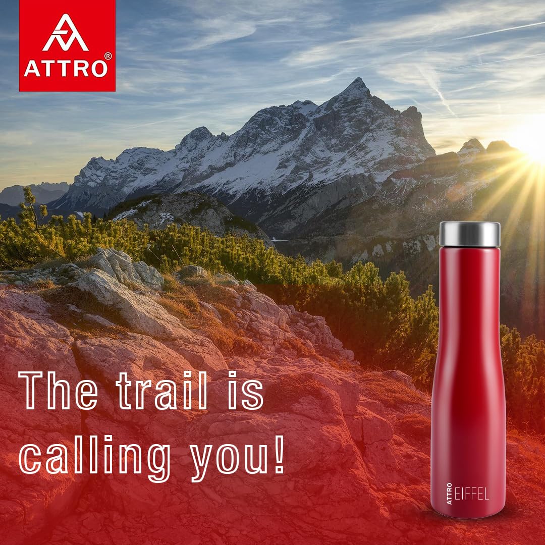 ATTRO Eiffel 1000ml Stainless Steel Water Bottle - BPA-Free, Leak Proof, Single Wall Design for School, Office, Gym & Outdoor Activities - Set of 2 Red Insulated Bottles for Hot & Cold Drinks