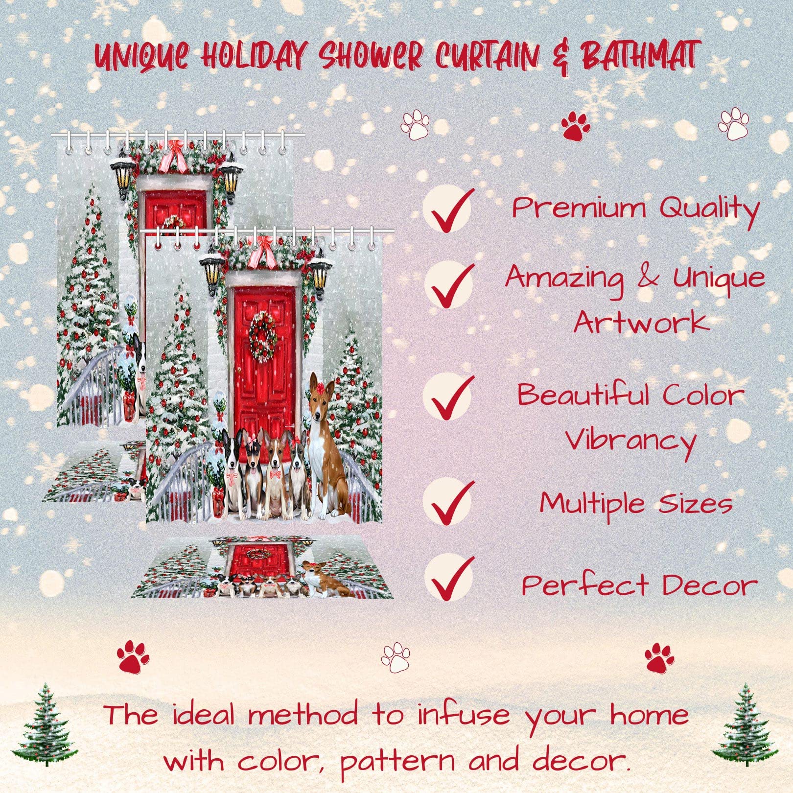 Christmas Holiday Welcome Basenji Dog Shower Curtain & Bath Mat Set - Waterproof Polyester Bathroom Decor with Hooks, 20