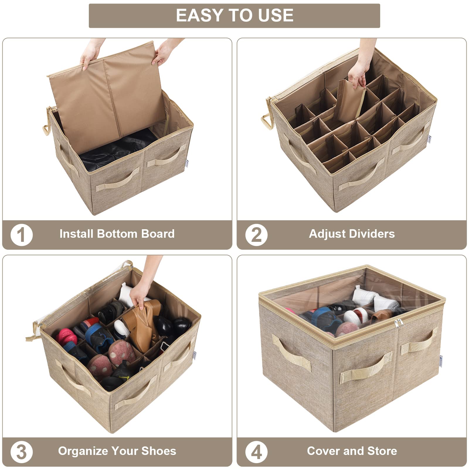 Moteph Shoe Organizer for Closet - 16 Pair Clear View Shoe Storage with Adjustable Dividers, Space Saving Closet Organizer & Shoe Rack Basket (Light Brown, Medium) - Perfect for Bedroom, Entryway, or Dorm Organization