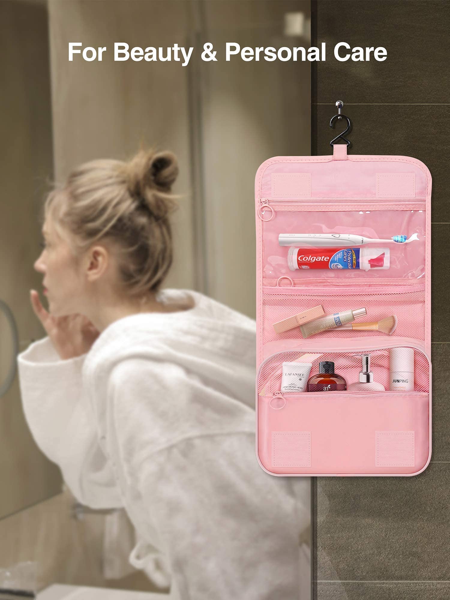 Luxtude Water-resistant Hanging Toiletry Bag for Women - Travel Cosmetic Organizer with Hook for Shower, Bathroom & On-the-Go | Perfect for Vacation, Gym & Business Trips (Pink)