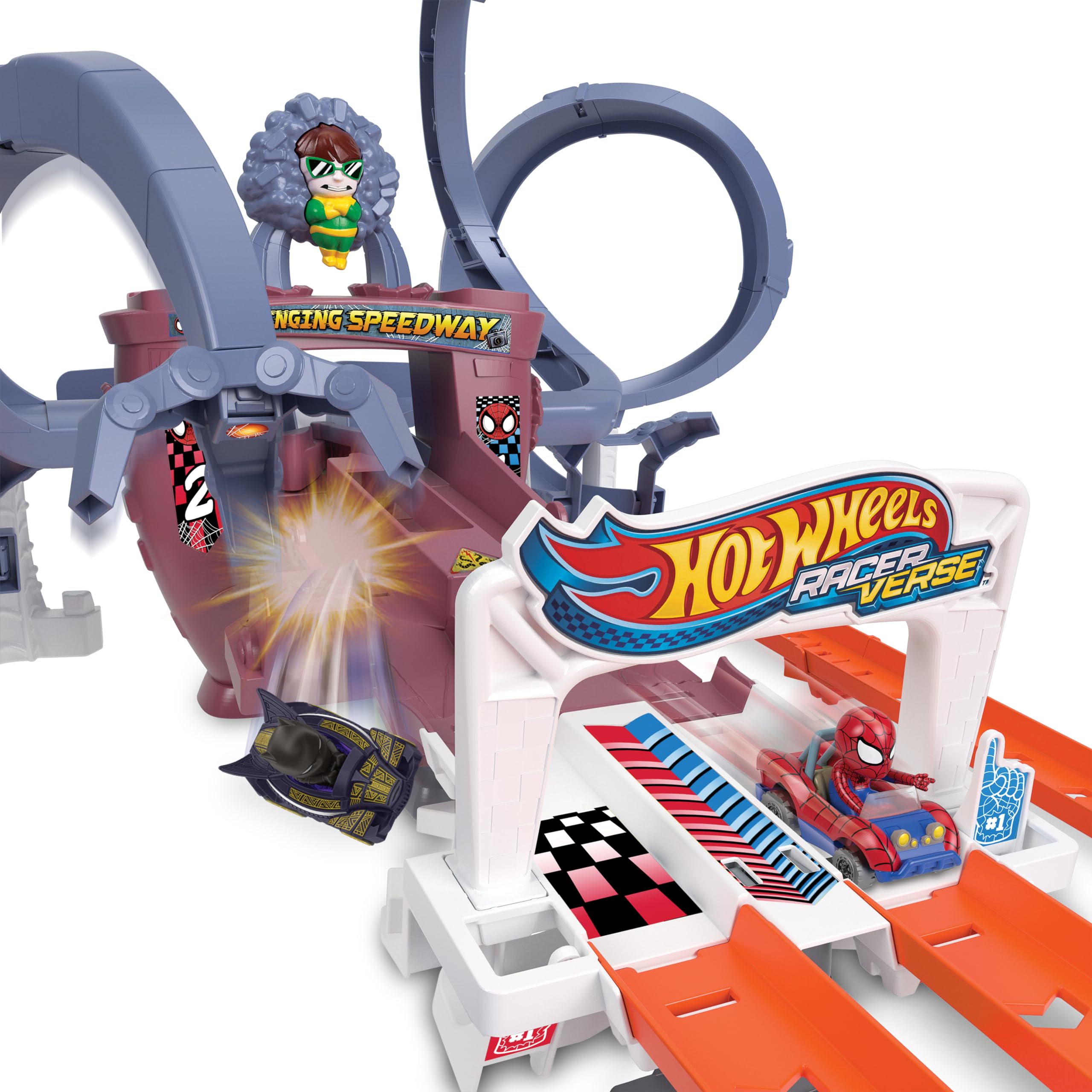 Hot Wheels Spider-Man RacerVerse Web Track Toy Car Set with 2 Action Figures, for Kids Ages 4+ | Mattel HPL34 | Superhero Race Playset for Indoor & Outdoor Play