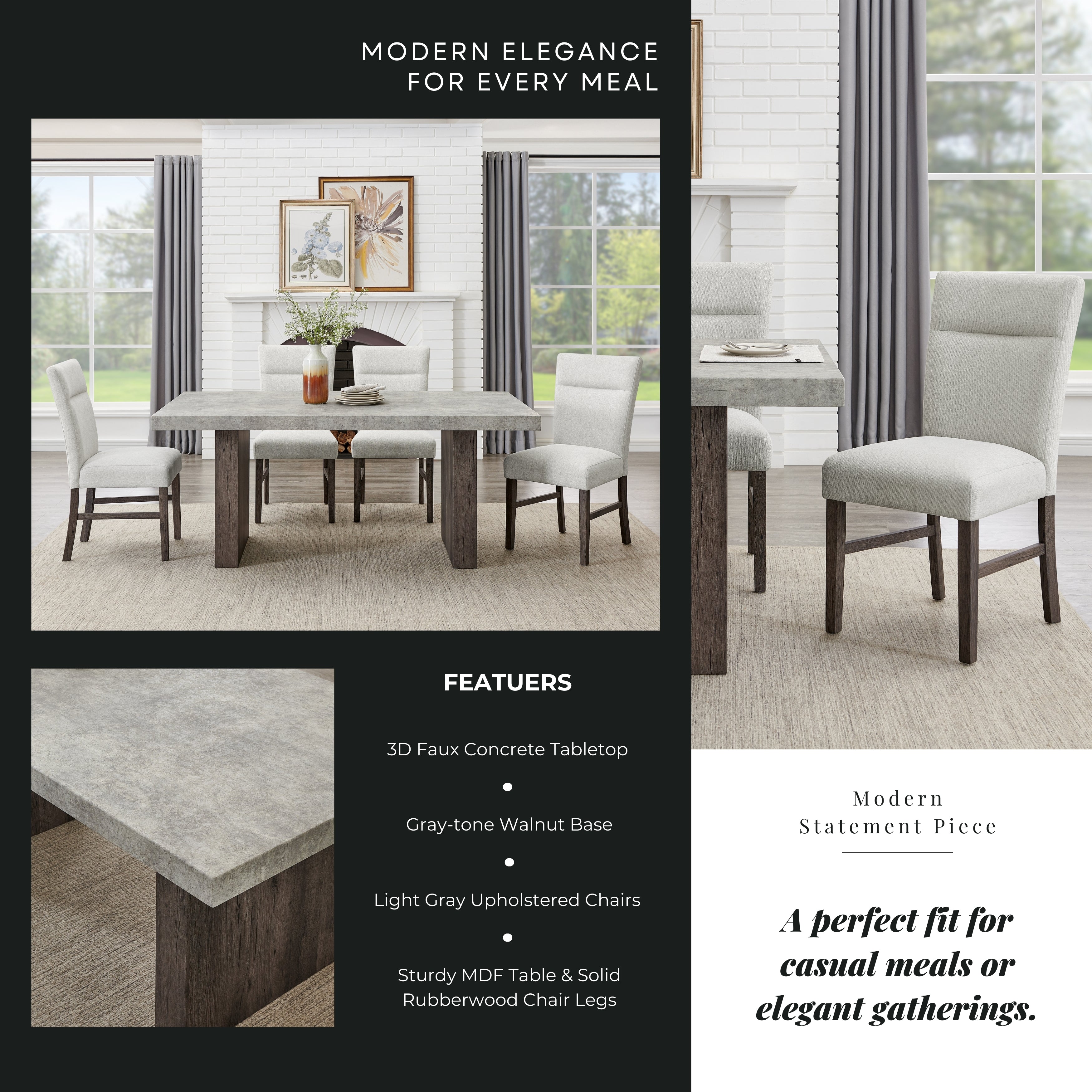 Roundhill Furniture Sorlen Modern 5-Piece Dining Set - 3D Faux Concrete Table with 4 Upholstered Chairs for Kitchen, Dining Room & Small Space | Indoor Use Only