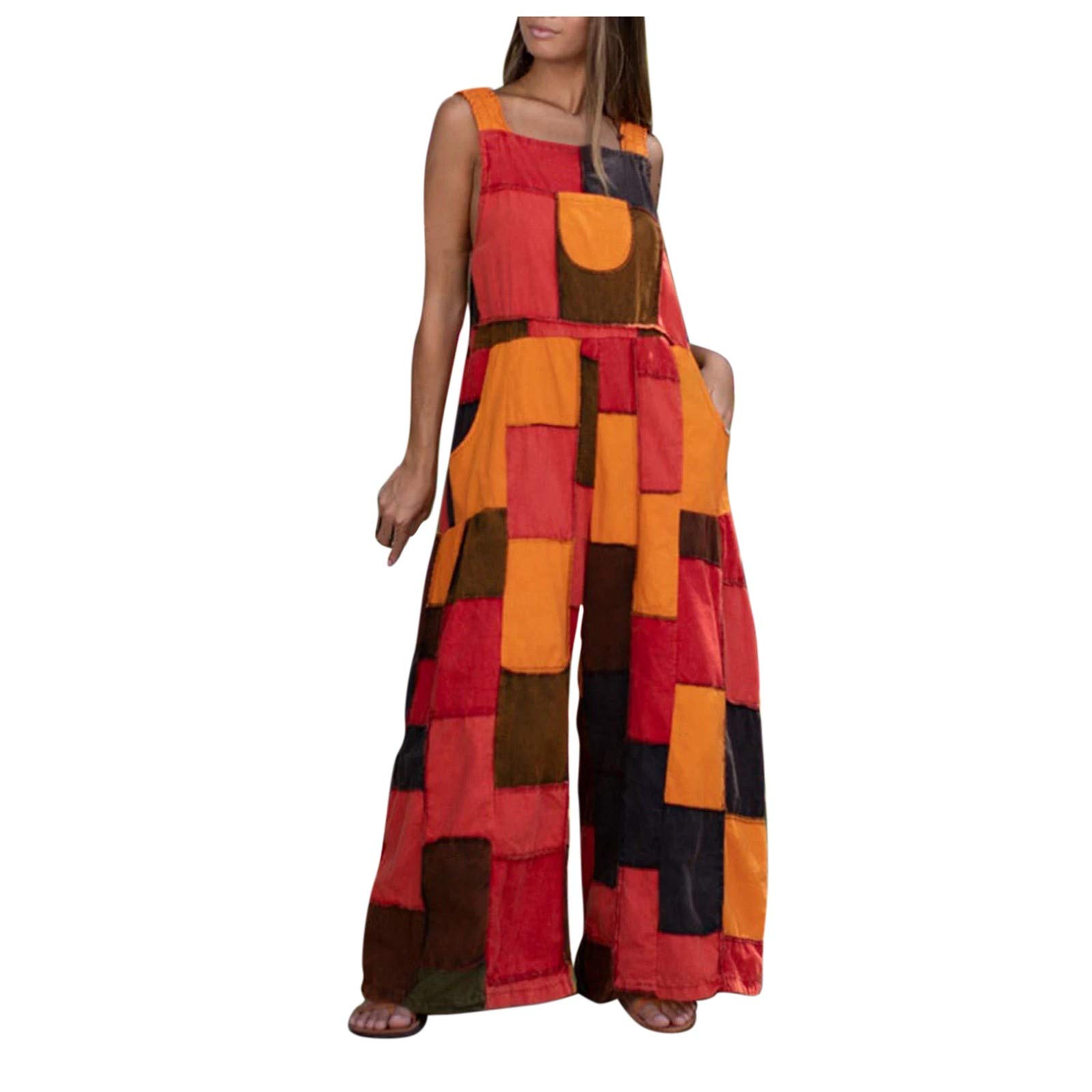 PEGONE Women's Casual Loose Long Overalls Jumpsuit - Wide Leg Party Club Wear Straight Leg Romper for Night Out, Music Festival & Summer Vacation