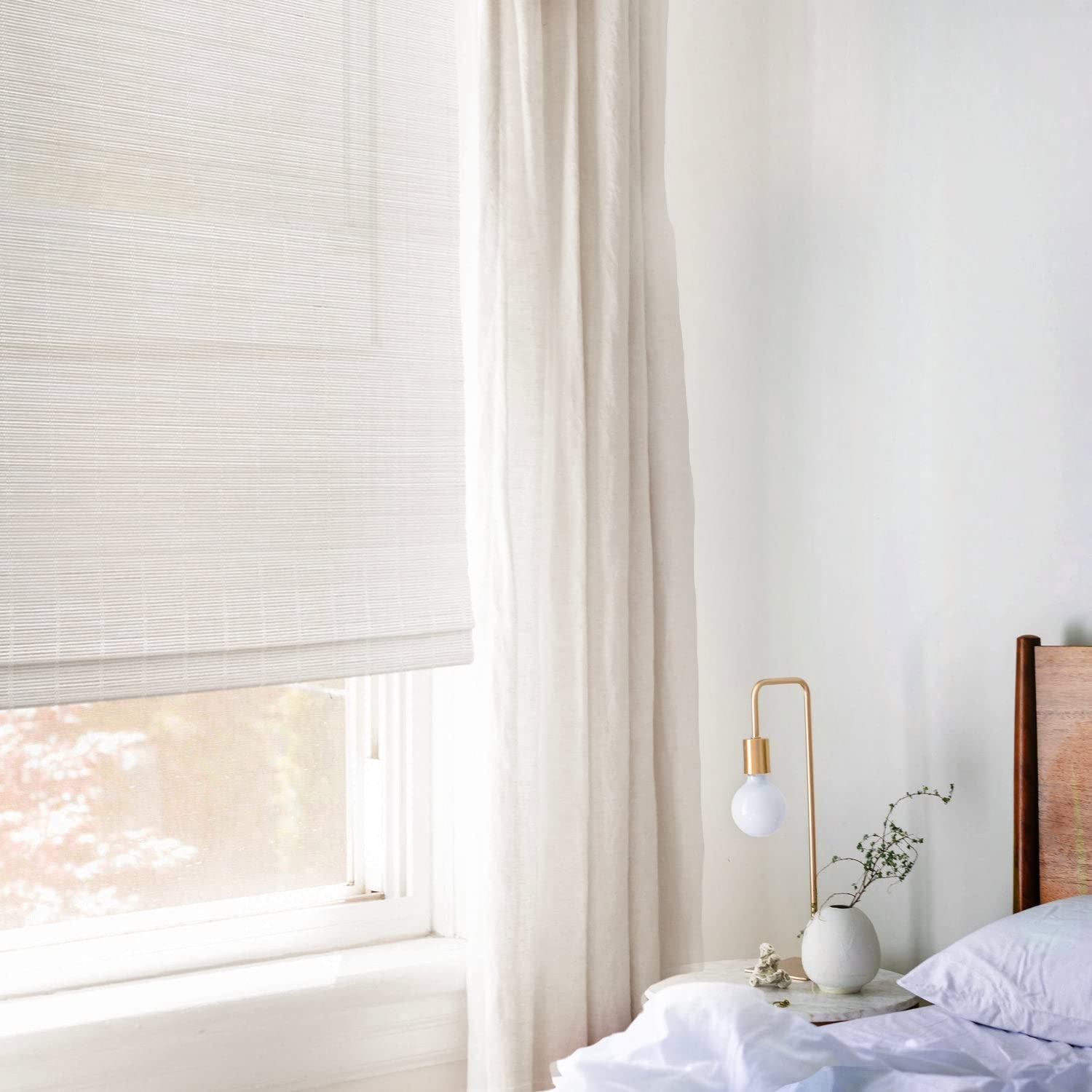 MOOD Custom Cordless Bamboo Roman Shades for Windows & Doors - Natural Woven & Modern White Sheer - 37.5