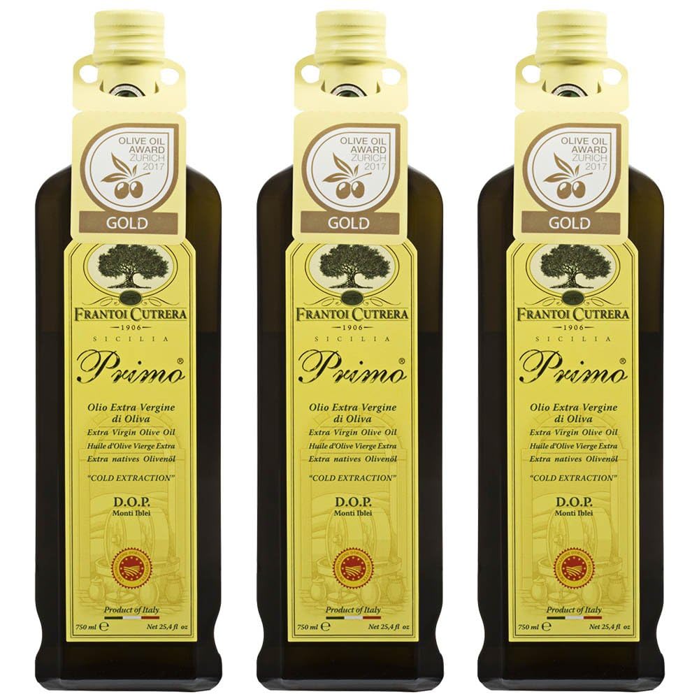 Premium Cold Extracted Sicilian Extra Virgin Olive Oil - DOP Certified, High Polyphenol, Cold Pressed EVOO - Authentic Italian Import, 25.4 fl oz (Pack of 3) - Perfect for Salads, Dipping, Cooking & Gourmet Recipes