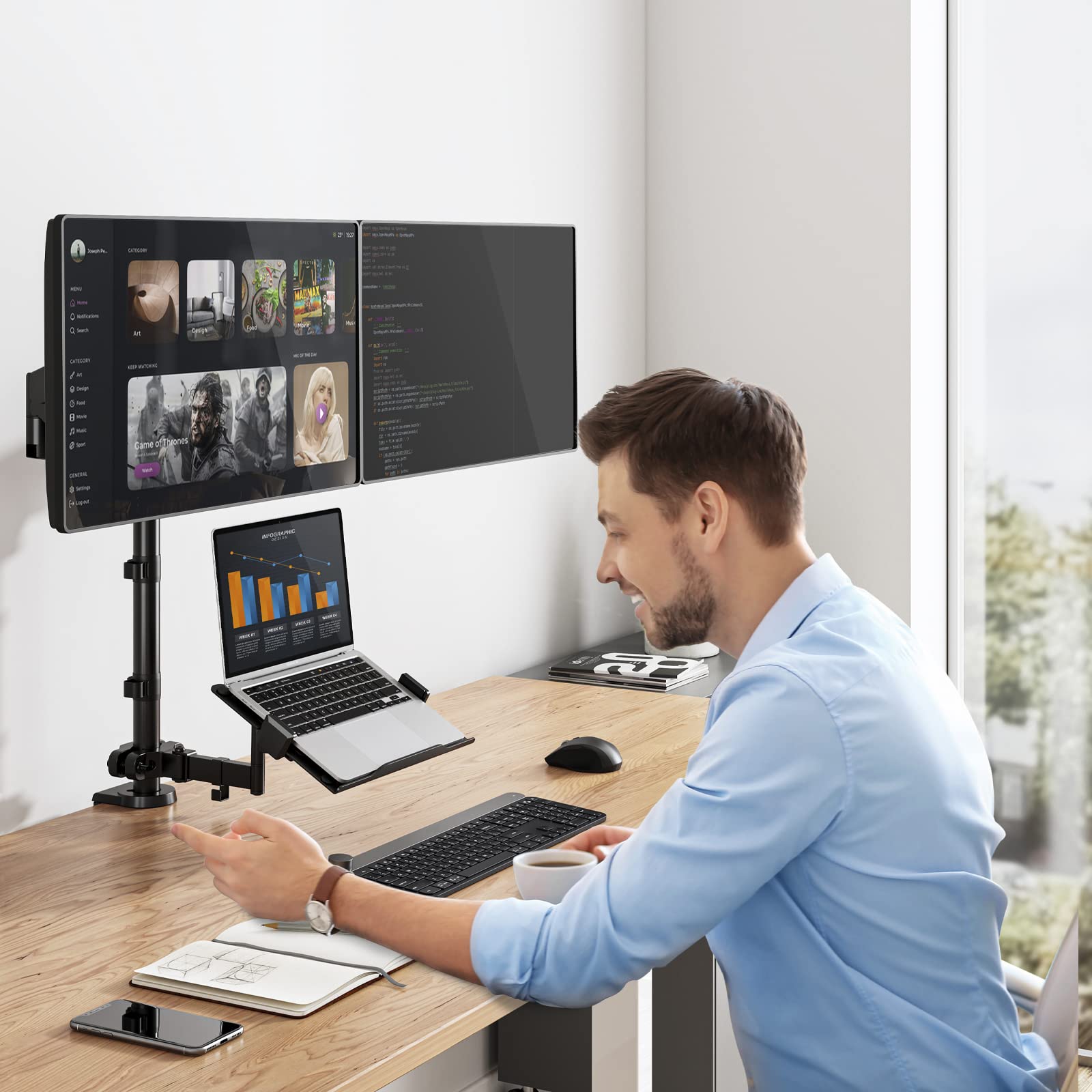 WALI Adjustable Spring Arm Dual Monitor Stand for 17