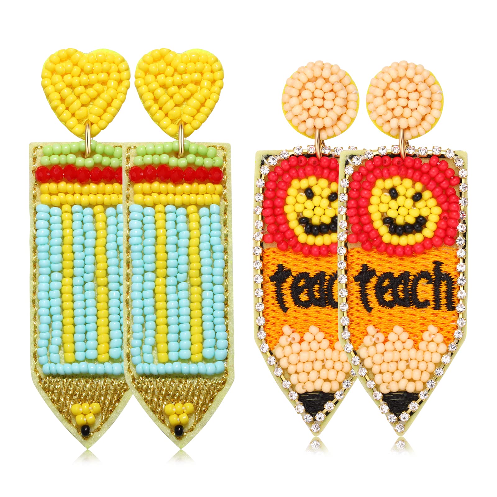 Boderier 2 Pairs Teacher Pencil Earrings - Beaded Happy Face ABC Dangle Earrings for Women, Funny Teacher Appreciation Gifts Jewelry - Perfect for Classroom, Teacher's Day & School Events - Ideal for Teacher Appreciation Week, Back to School, and Educator Gifts