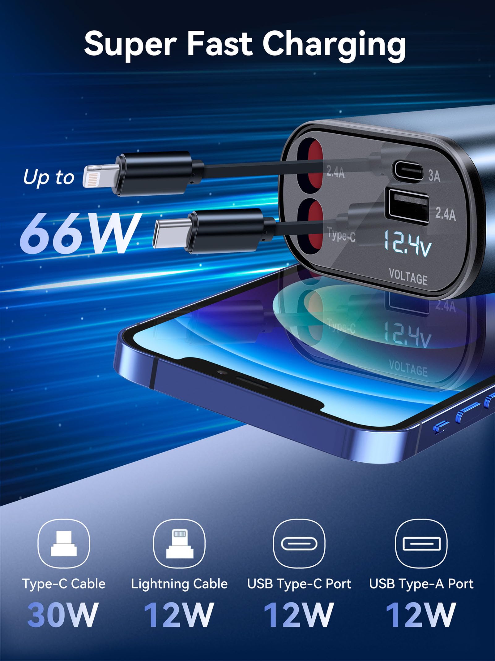 66W Fast Retractable Car Charger with USB C Ports - 4-in-1 Smart Phone Charger Adapter for iPhone & Android - Perfect for Road Trips, Commuting & Emergency Charging