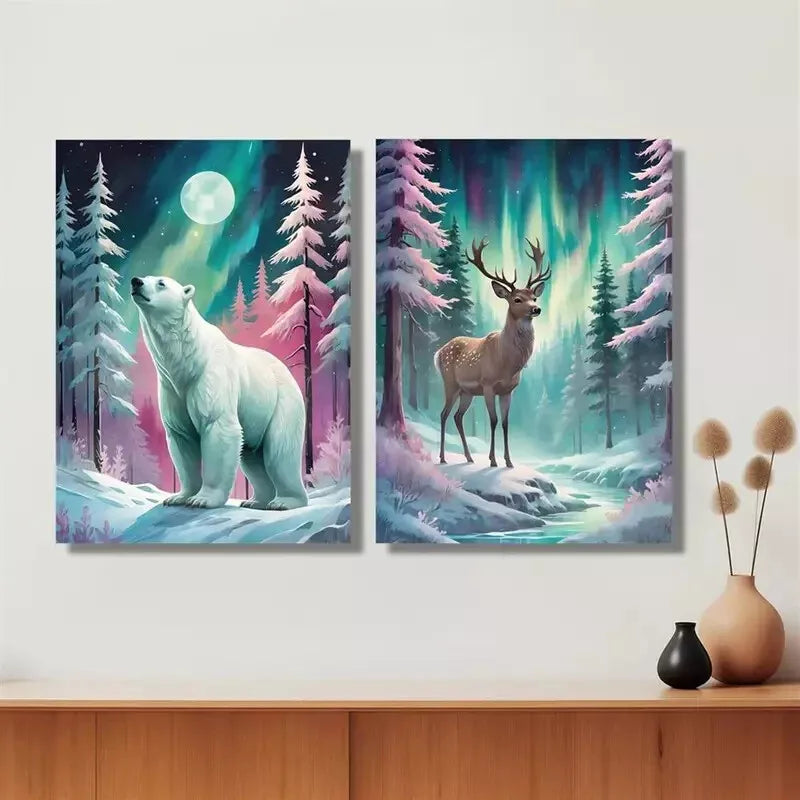 2PCS Northern Lights Wall Art - Bear and Deer Framed Canvas Print 50x75cm, High Quality Australian Made, Ready to Hang for Living Room & Bedroom Decor
