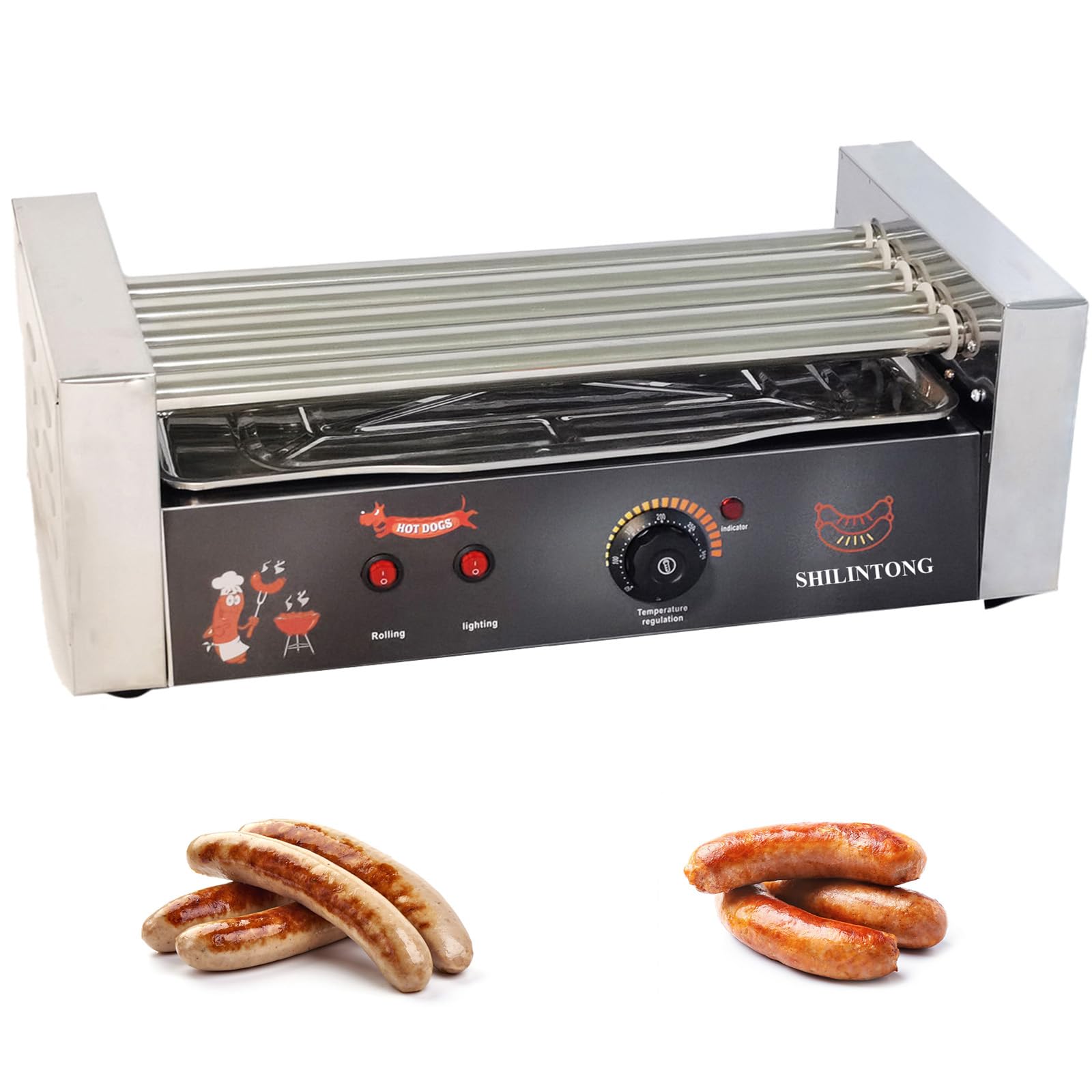 Commercial & Home Electric Hot Dog Roller Machine - 5 Stainless Steel Hot Dog Cookers - No Cover Silver - Perfect for Restaurants, Carnivals, Food Trucks and Family BBQs