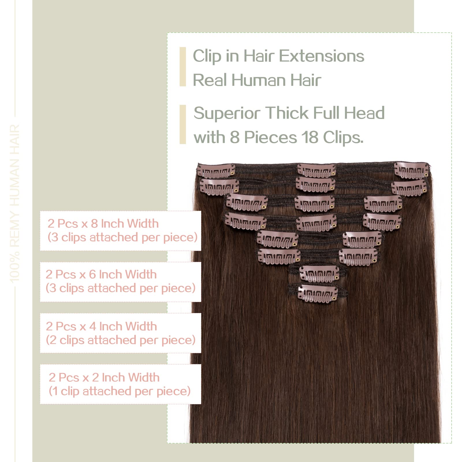 S-noilite 100% Remy Human Hair Clip-in Extensions - 8 Pieces, 18 Clips, 20 Inch, 150g, Medium Brown (#4) - Thick Double Weft for Full Head Coverage - Straight & Silky Hair Extensions for Daily Styling, Parties & Special Occasions