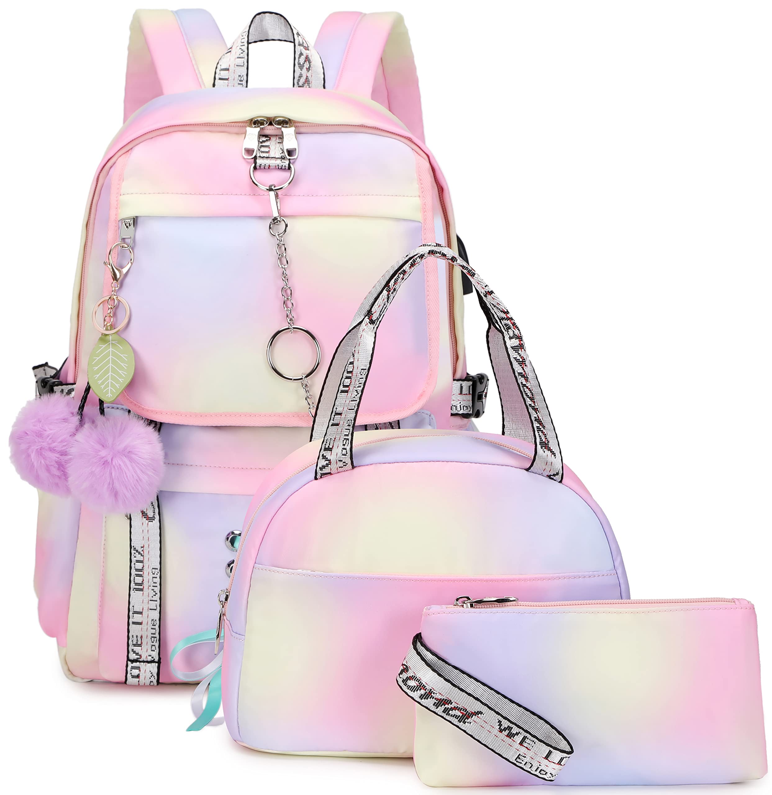 Hey Yoo Cute Pink Backpack Set for Teen Girls - School Backpack with Lunch Box, Aesthetic Bookbag for Middle & High School, College, Travel & Daily Use