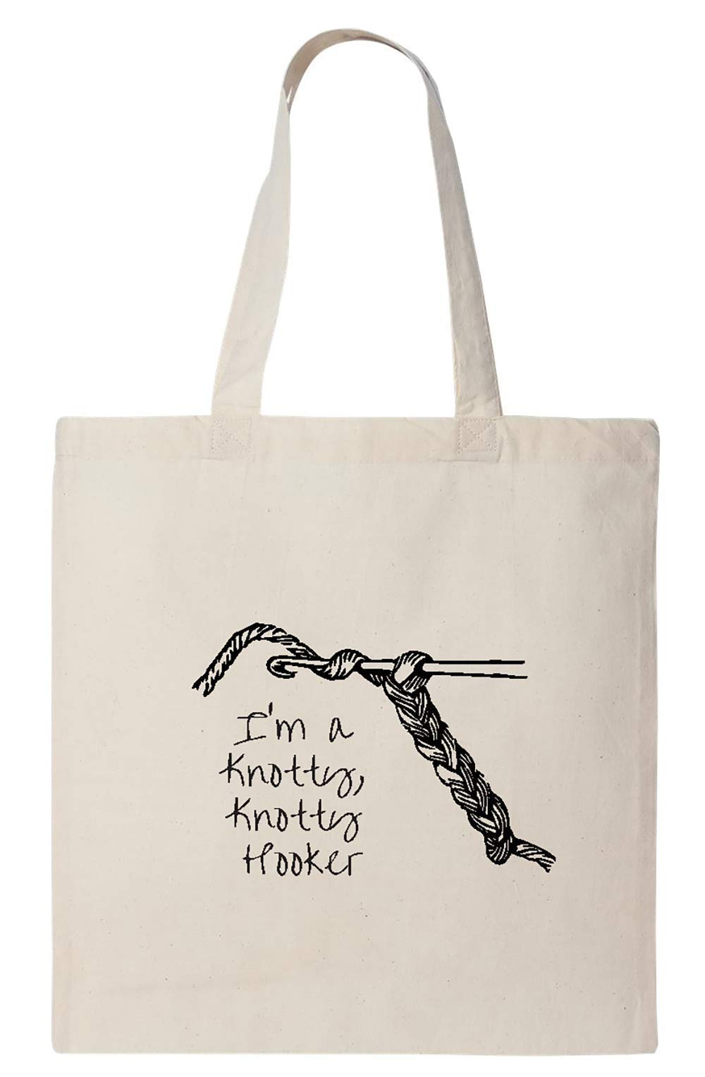 Knotty Hooker Bag - Funny Crochet Tote for Grandma & Yarn Lovers - 15x16 Inch Cotton Canvas Travel Bag (Beige) - Perfect for Knitting Supplies, Daily Use & Crafting Gifts