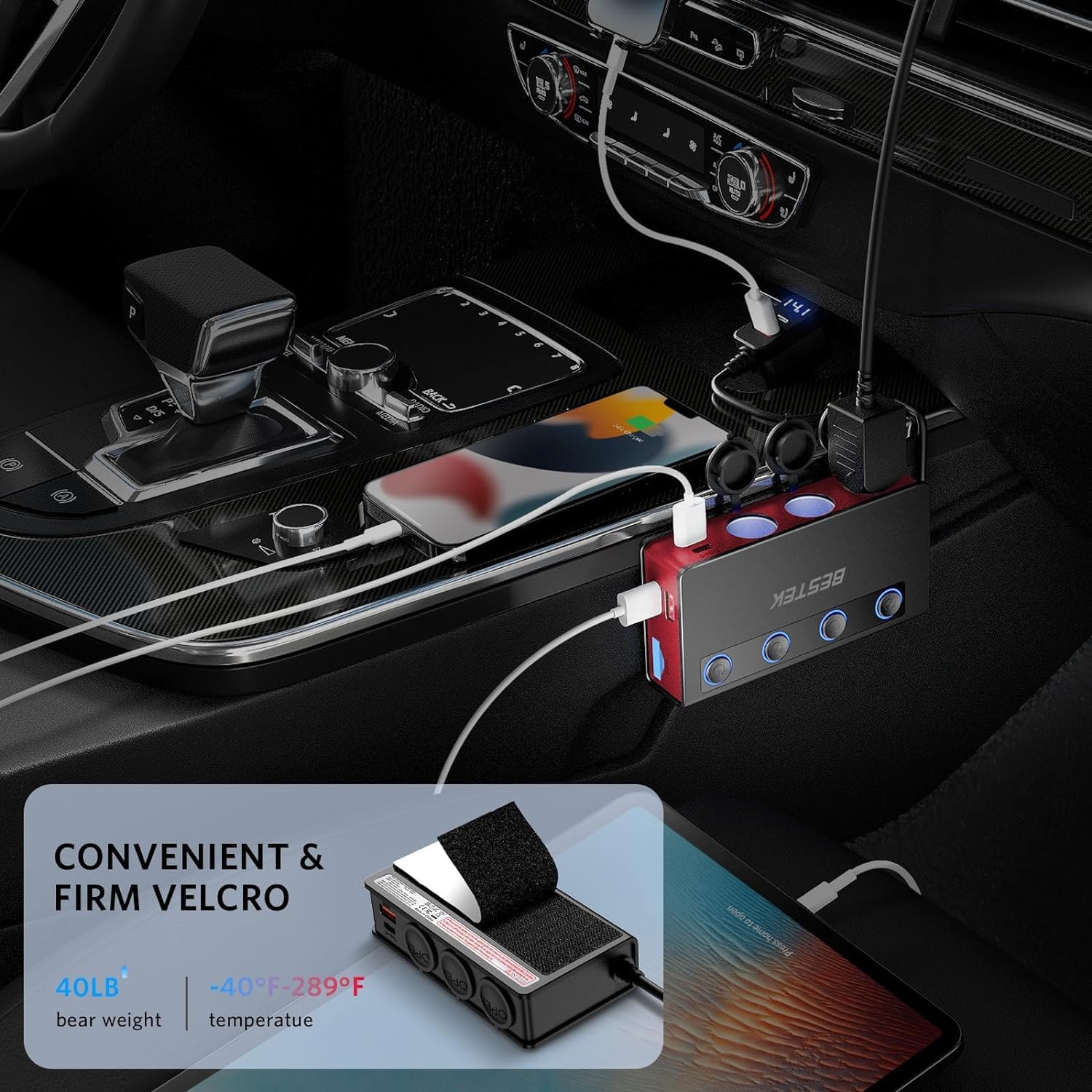 BESTEK 3 Outlet Car Charger Adapter with 6 USB Ports (USB-C PD & QC3.0) - 180W 12V/24V Cigarette Lighter Power Inverter with LED Display for iPhone, Dash Cam, GPS - Perfect for Road Trips & Travel (Red)