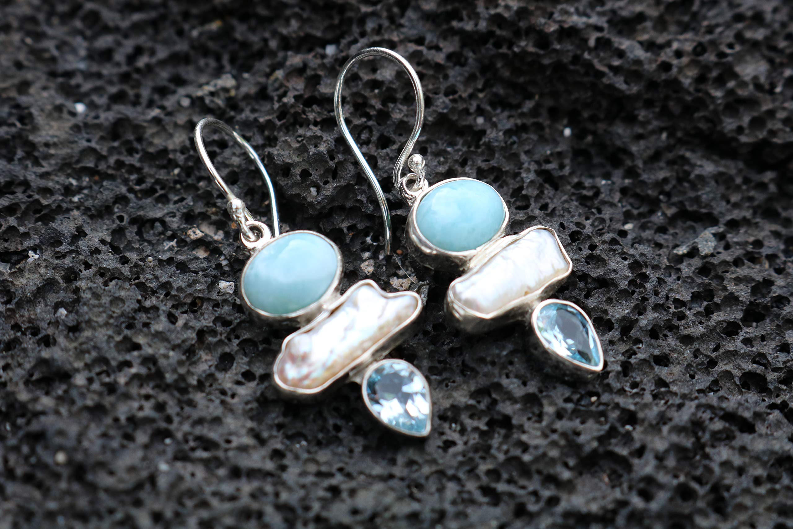 Larimar Pearl Blue Topaz Earrings - Sterling Silver Jewelry for Women - Elegant Dangle Earrings for Parties, Weddings & Special Occasions