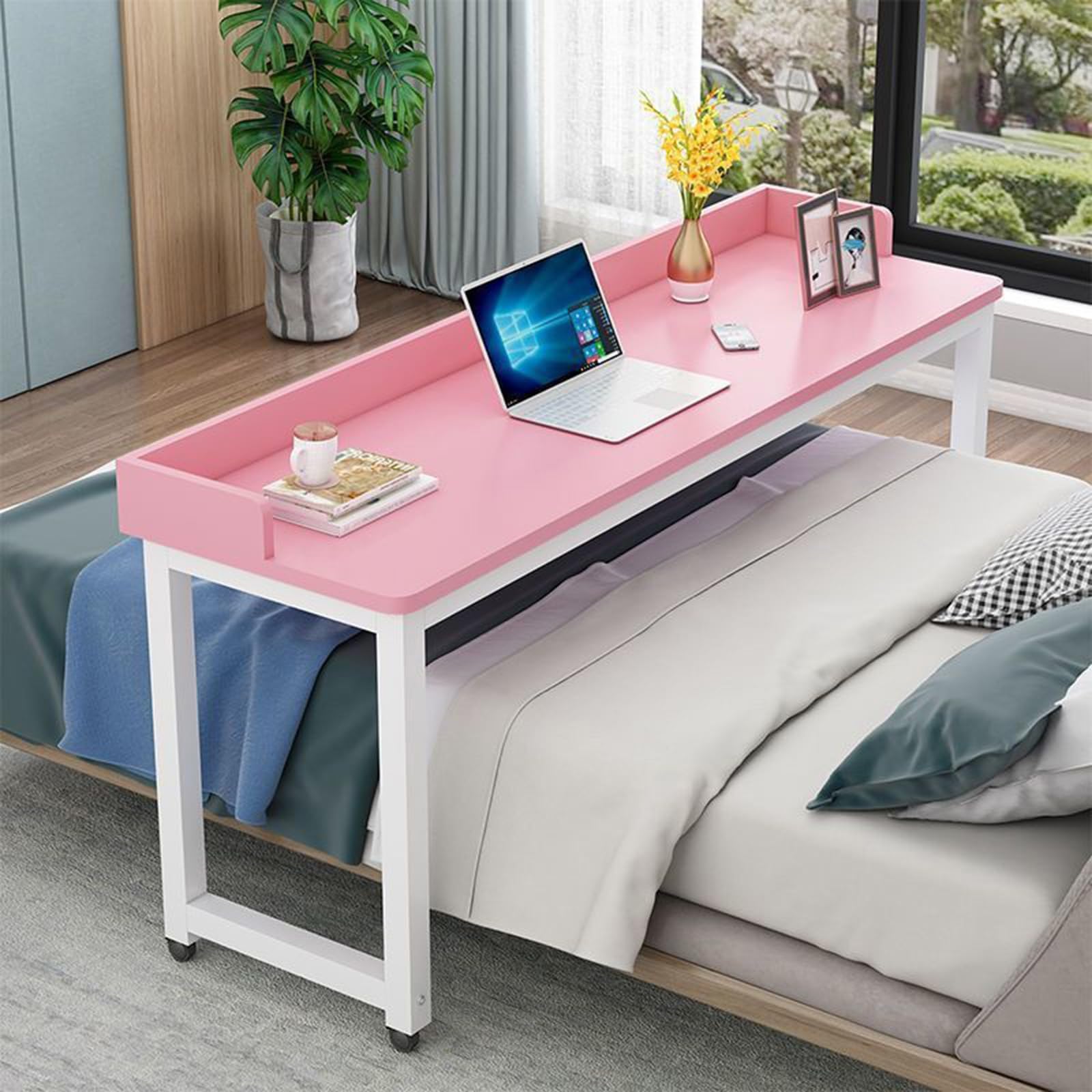 Adjustable Height Overbed Table with Wheels - Large Rolling Bed Desk with Surrounding Baffle, Pink & White Frame - Perfect for Laptop Use, Dining, or as a Bar Table in Bedroom, Hospital, or Office