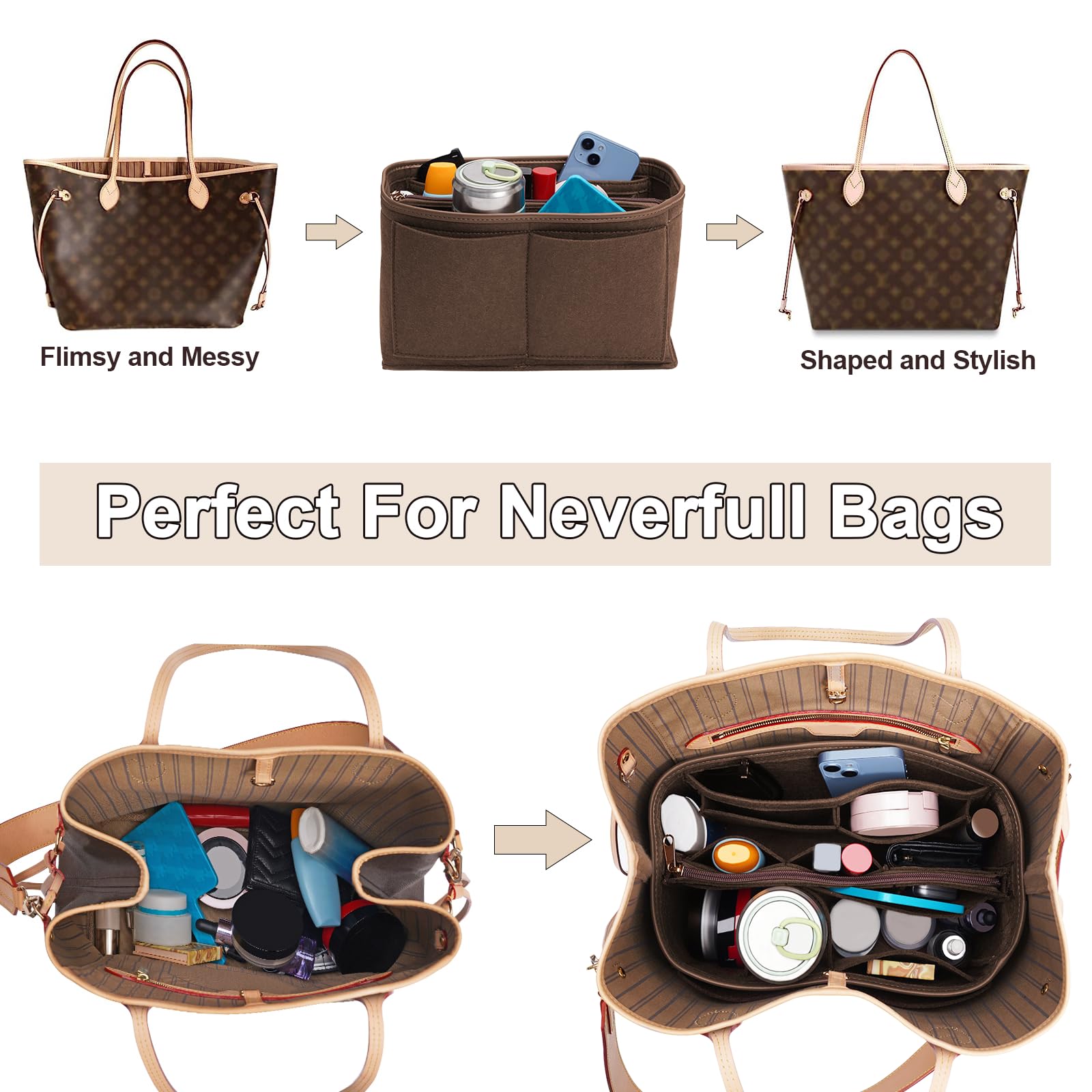 Premium Felt Purse Organizer Insert with Metal Zipper - 6 Sizes for Tote Bags | Compatible with Neverfull, Speedy & More Handbags | Perfect for Travel, Work & Daily Organization