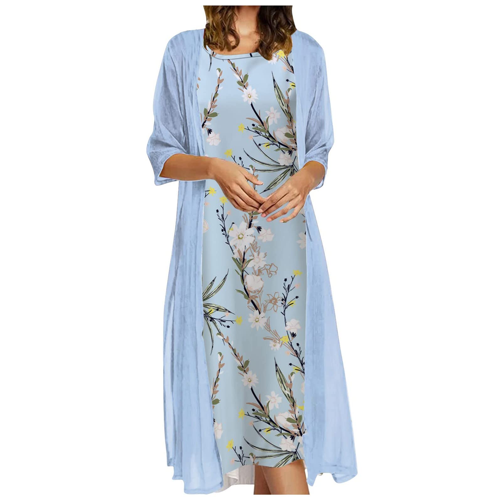 Ywuzuh Women's Floral Print Wedding Guest Dress - Casual Round Neck Sleeveless Two-Piece Set with Solid Coat | Perfect for Bridal Showers, Summer Parties & Formal Occasions