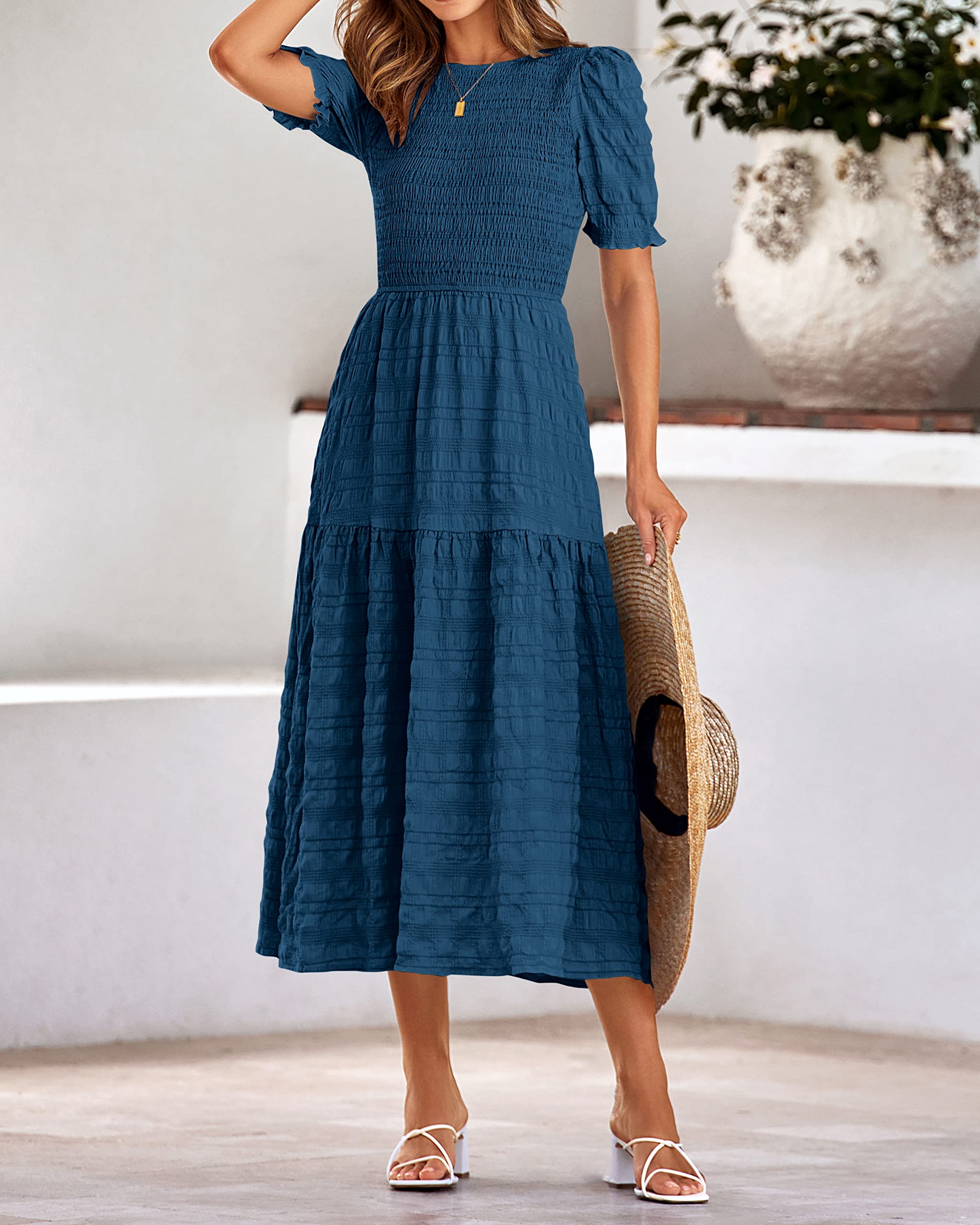 Dowerme Women's Summer Dresses 2025 - Casual Puff Short Sleeve Crewneck Smocked Flowy Ruffle Boho Maxi Sundress for Beach, Party & Vacation Wear